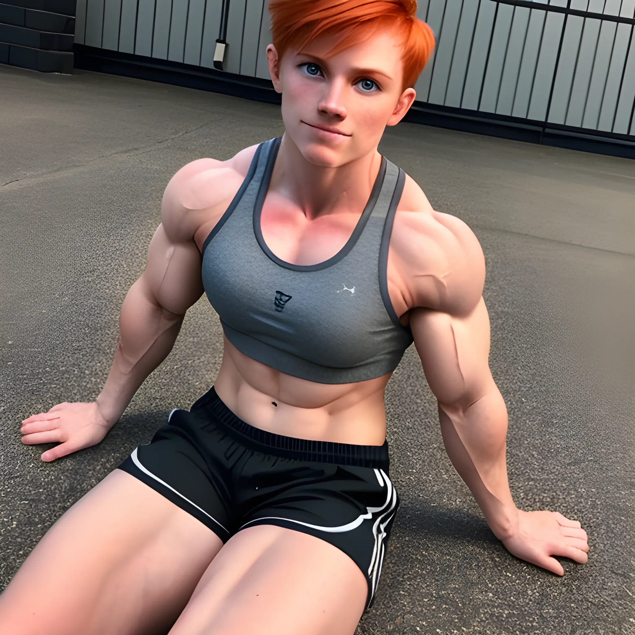 ginger, muscular, masculine facial features, no makeup, full body, butch lesbian, female, 21-years-old, bodybuilder, short hair, looking at the camera, raising eyebrow, smirk, wearing sports bra and shorts, full body