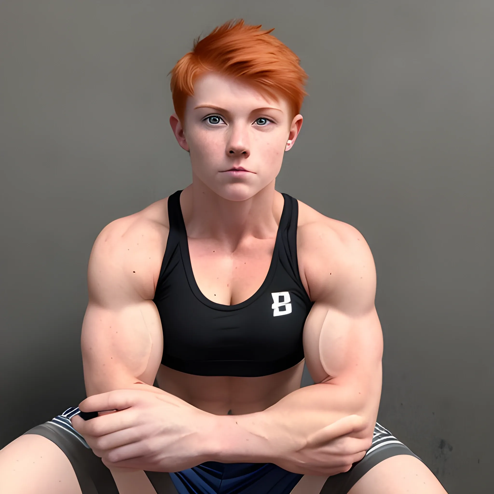 ginger, muscular, masculine facial features, no makeup, full body, butch lesbian, female, 21-years-old, bodybuilder, short hair, looking at the camera, raising eyebrow, smirk, wearing sports bra and shorts, full body