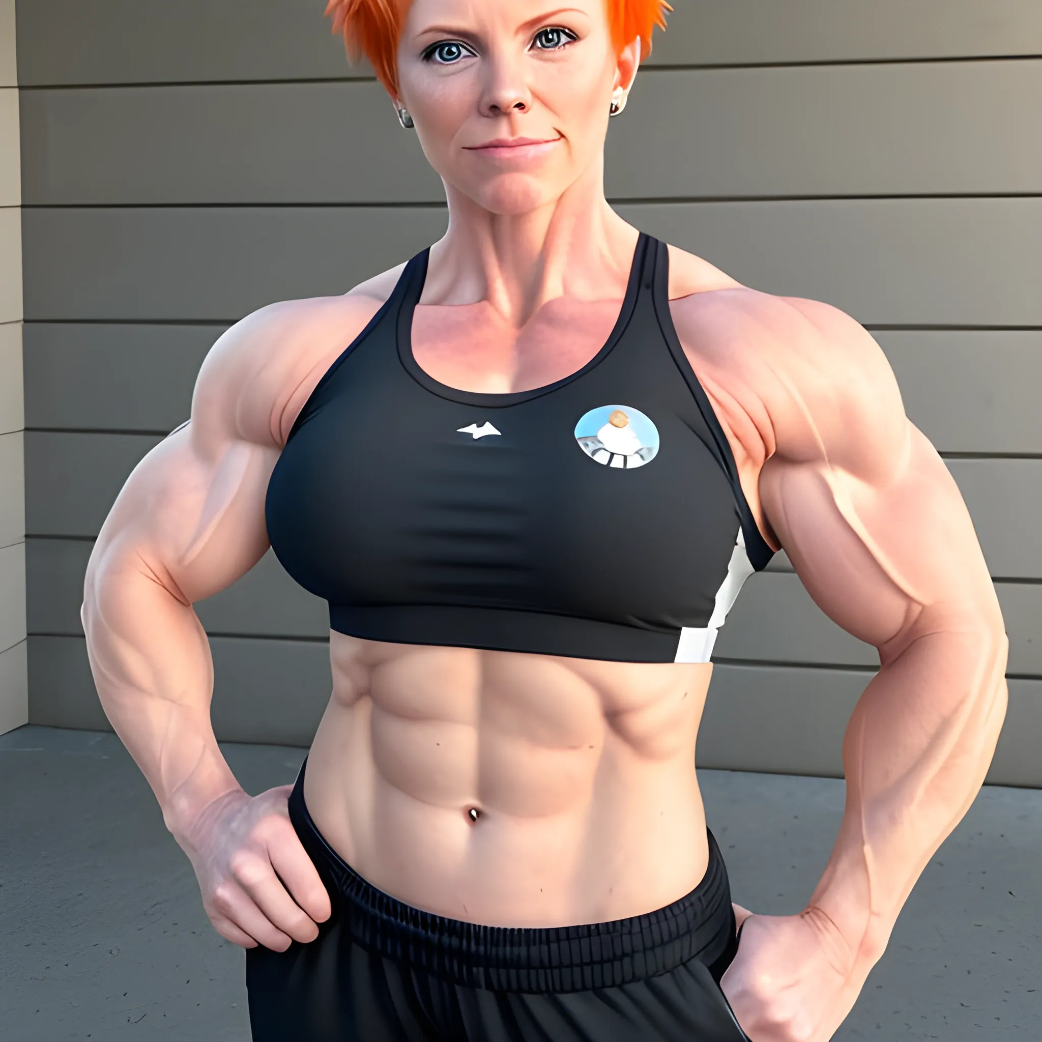 ginger, muscular, masculine facial features, no makeup, full body, butch lesbian, female, 30-years-old, bodybuilder, short spiky hair, wide shoulders, looking at the camera, raising eyebrow, smirk, wearing sports bra and shorts, full body