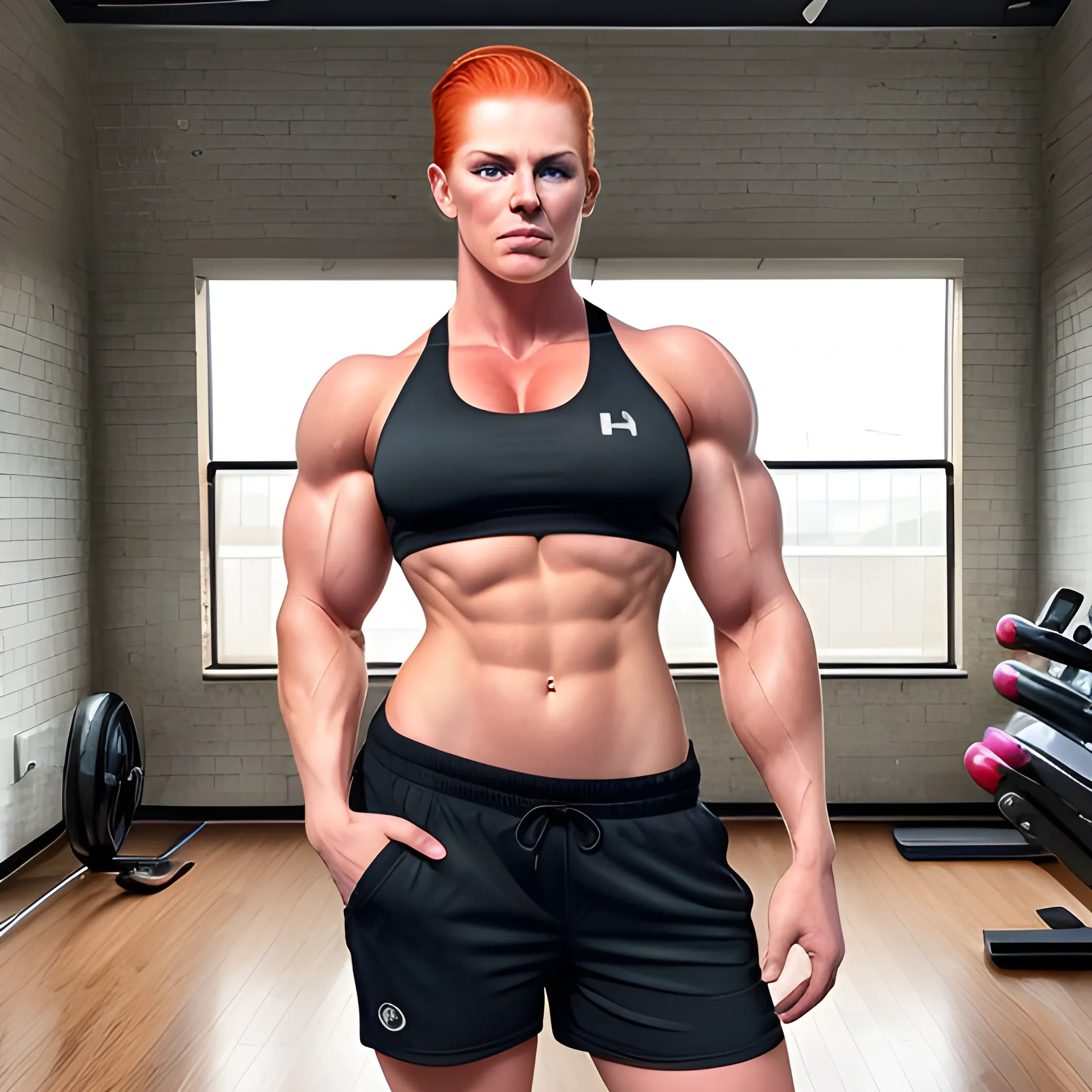 ginger, muscular, very large muscles, masculine facial features, no makeup, full body, butch lesbian, female, 20-years-old, bodybuilder, short slicked back hair, wide shoulders, looking at the camera, raising eyebrow, smirk, wearing sports bra and shorts, full body