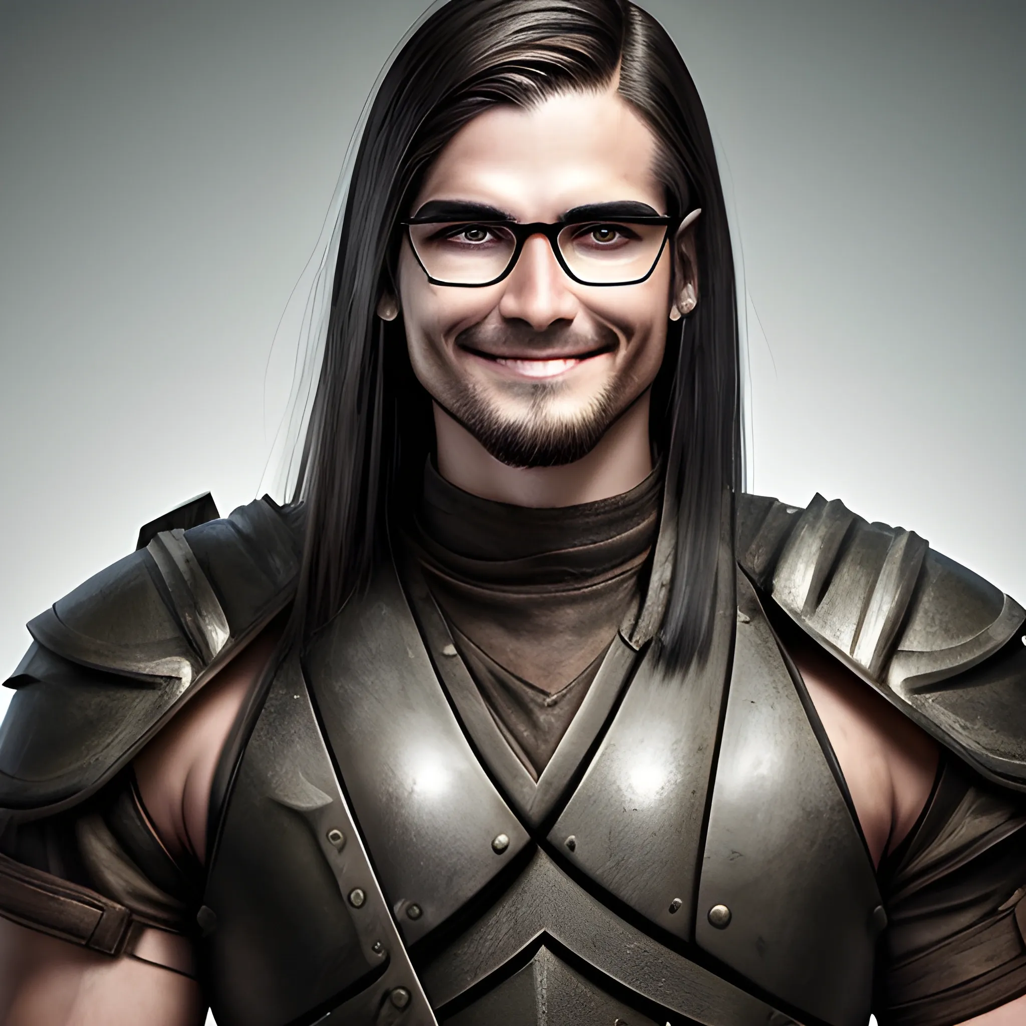 Modern warrior of Spartan appearance, with glasses, straight hair combed to the side, with a jacket, smile and satanic look. No mustache and no beard