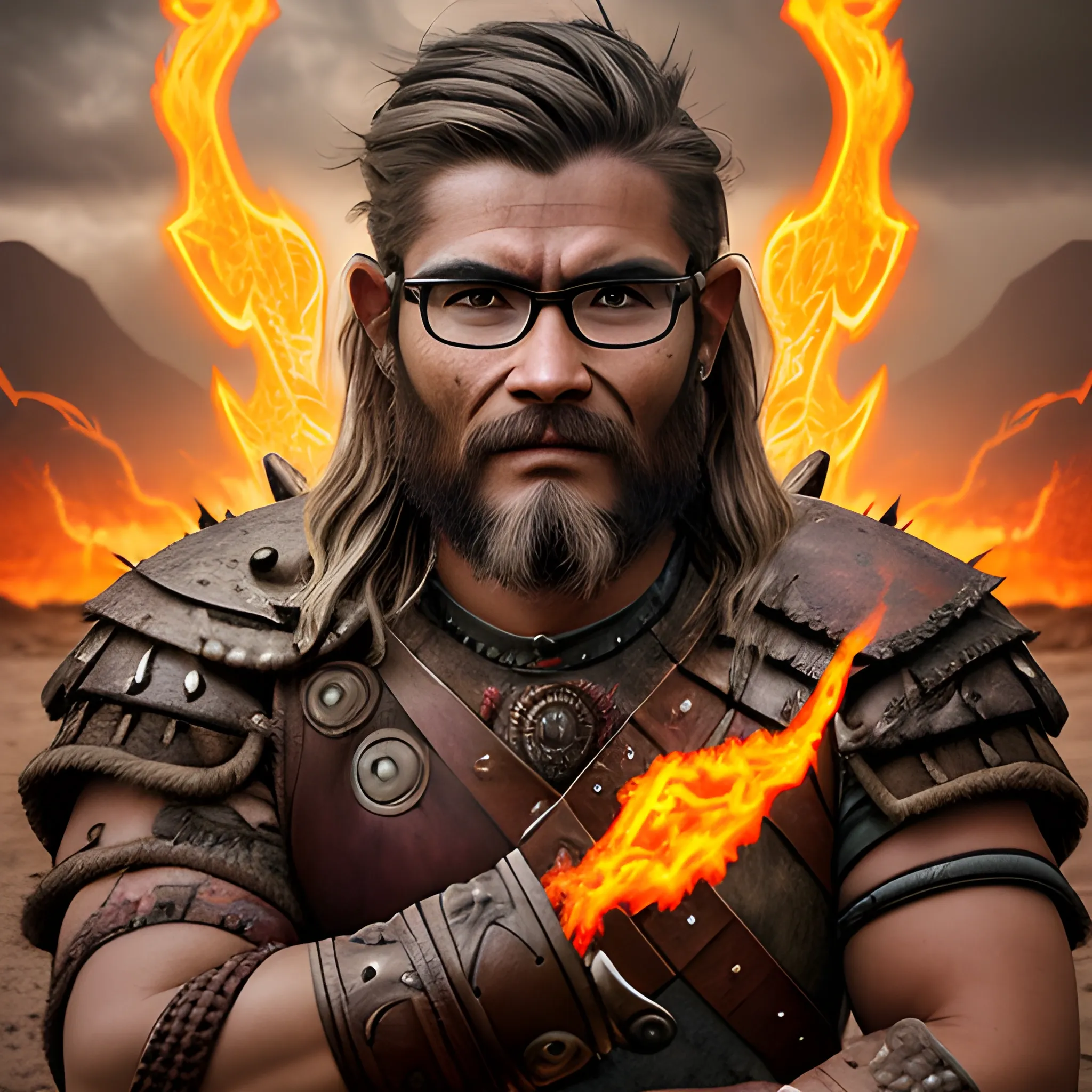 Photographic quality and realistic image of a warrior with Viking and Aztec features, with glasses, short brown hair with some gray hair, combed to the side, with an aggressive look, a devilish smile and radiating flames in a desolate, gloomy environment with lightning.