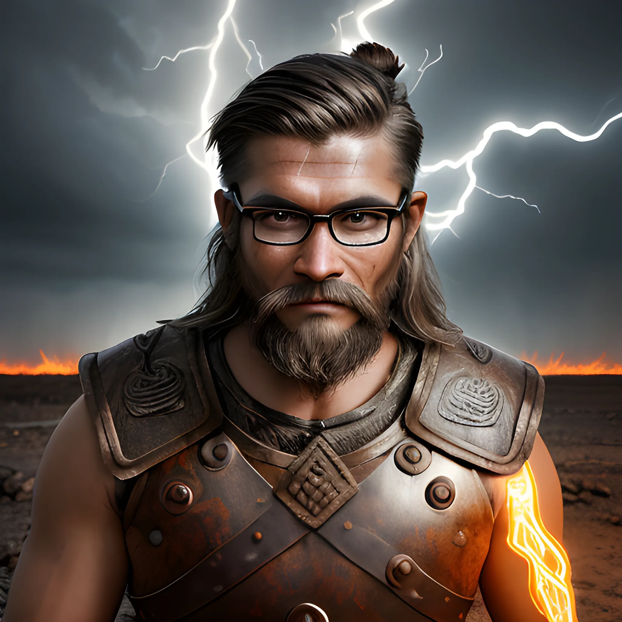 Photographic quality and realistic image of a warrior with Viking and Aztec features, with glasses, short brown hair with some gray hair, combed to the side, without a mustache and without a beard with an aggressive look, a devilish smile and radiating flames in a desolate, gloomy environment with lightning bolts.