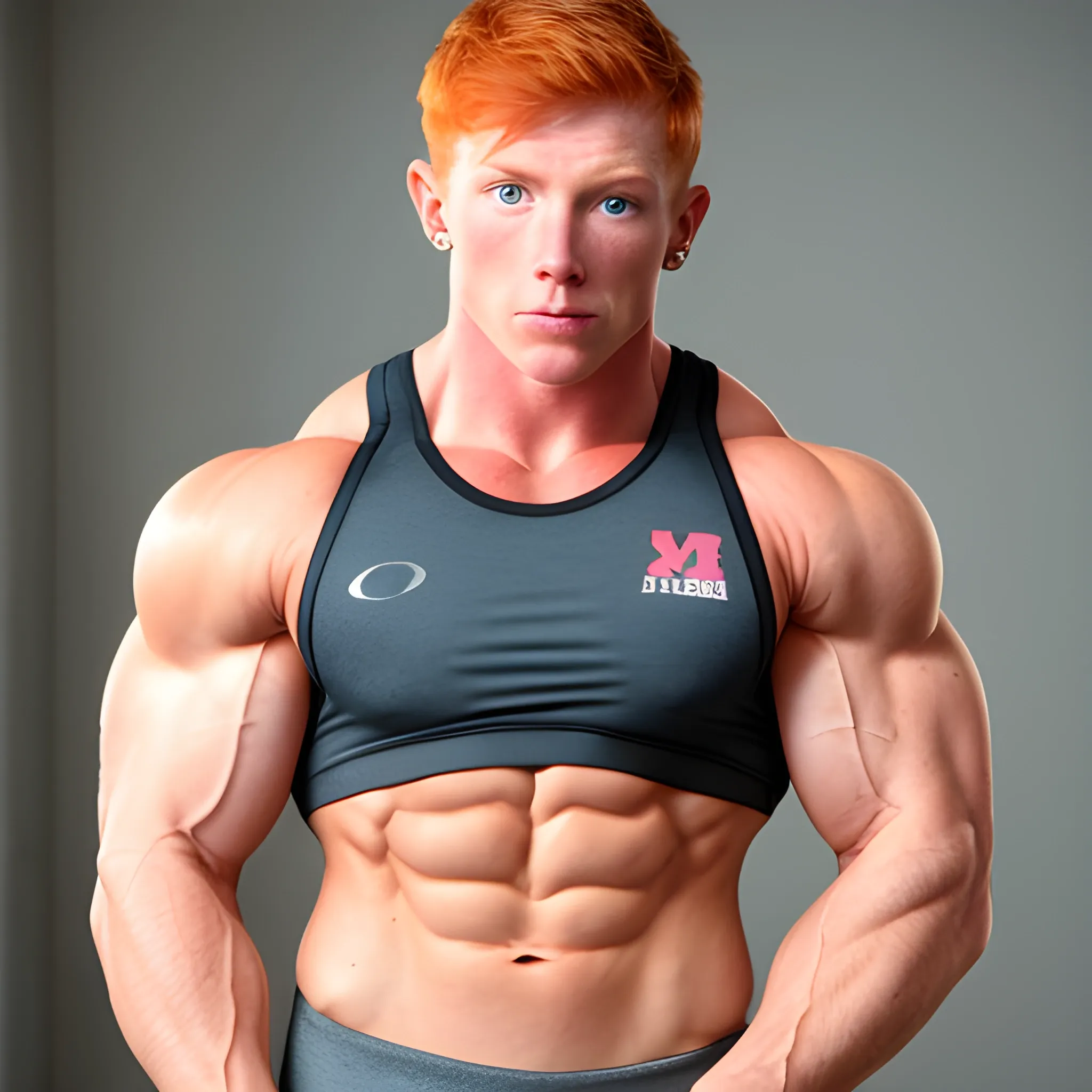 ginger muscular masculine butch lesbian female bodybuilder with short hair wearing a sports bra