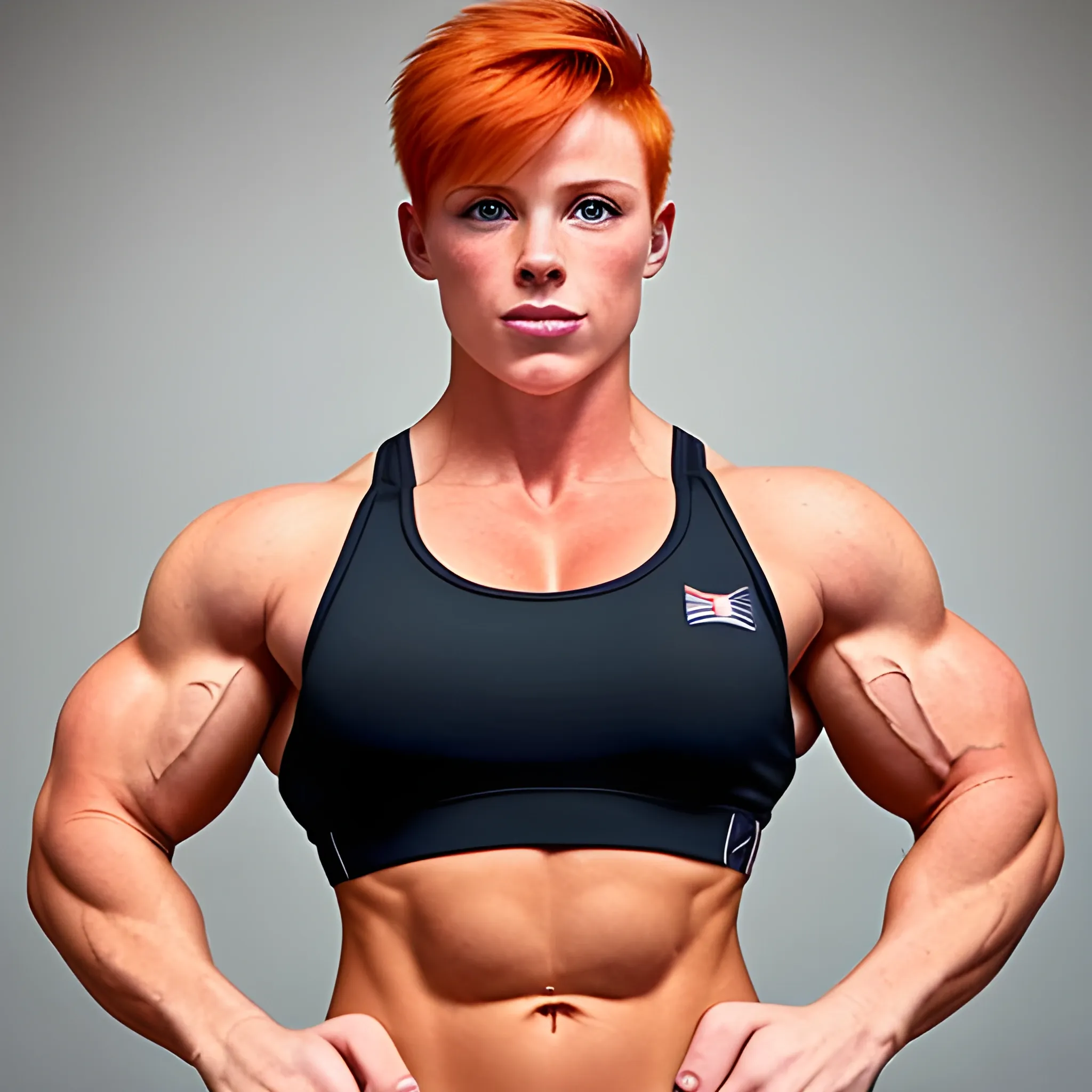 ginger muscular masculine butch lesbian female bodybuilder with short hair wearing a sports bra