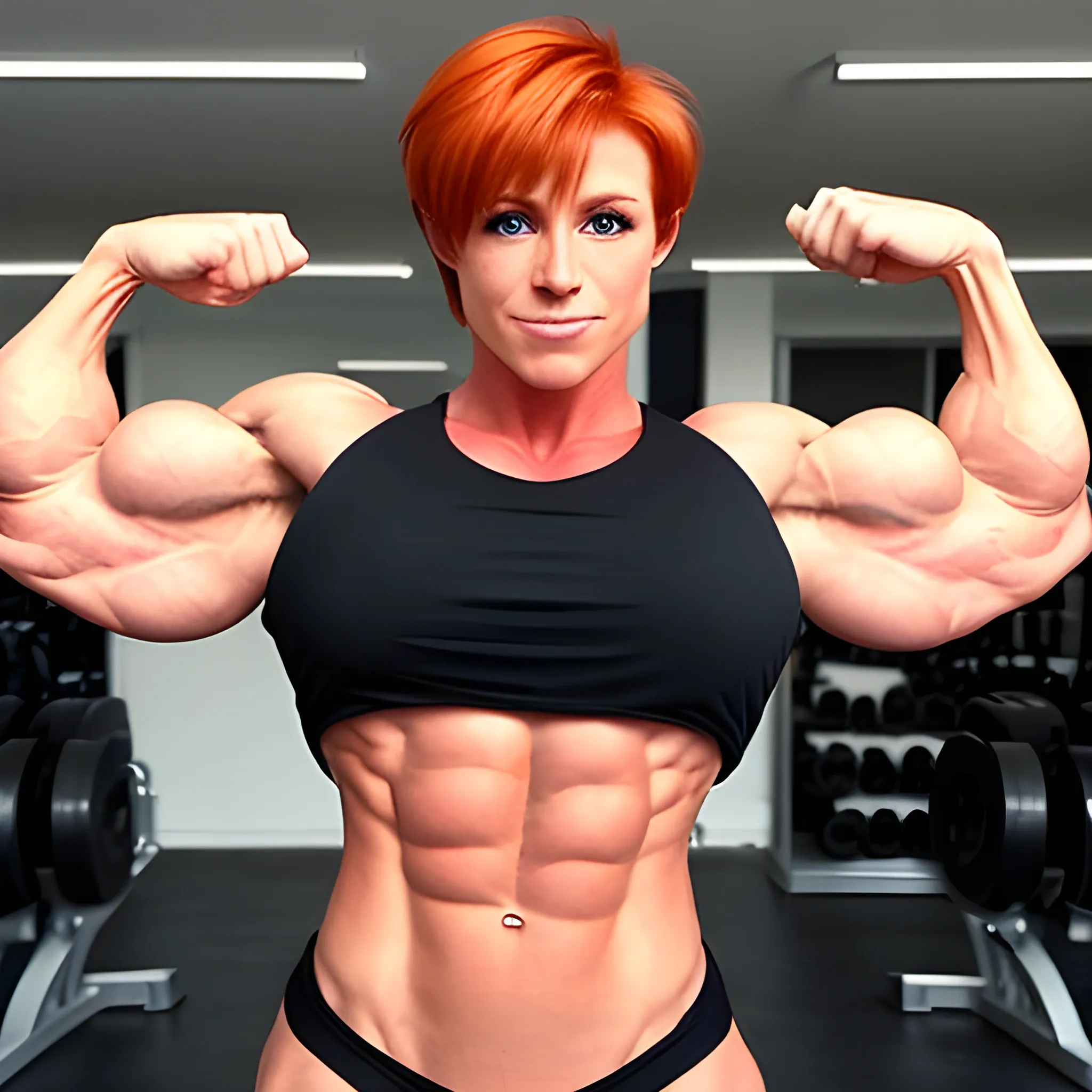 ginger, muscular, female, bodybuilder, short hair