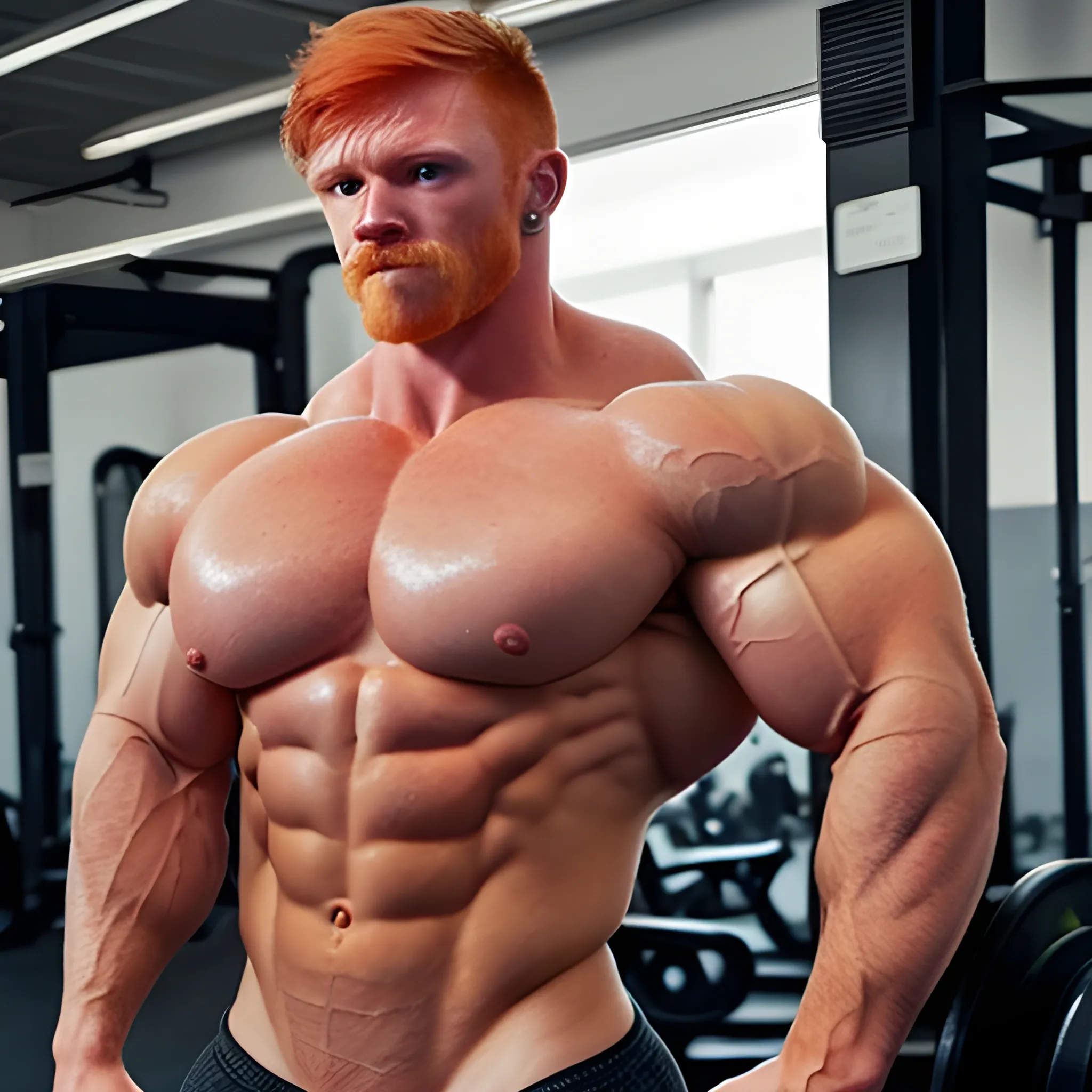 ginger, muscular, masculine, female, bodybuilder, short hair