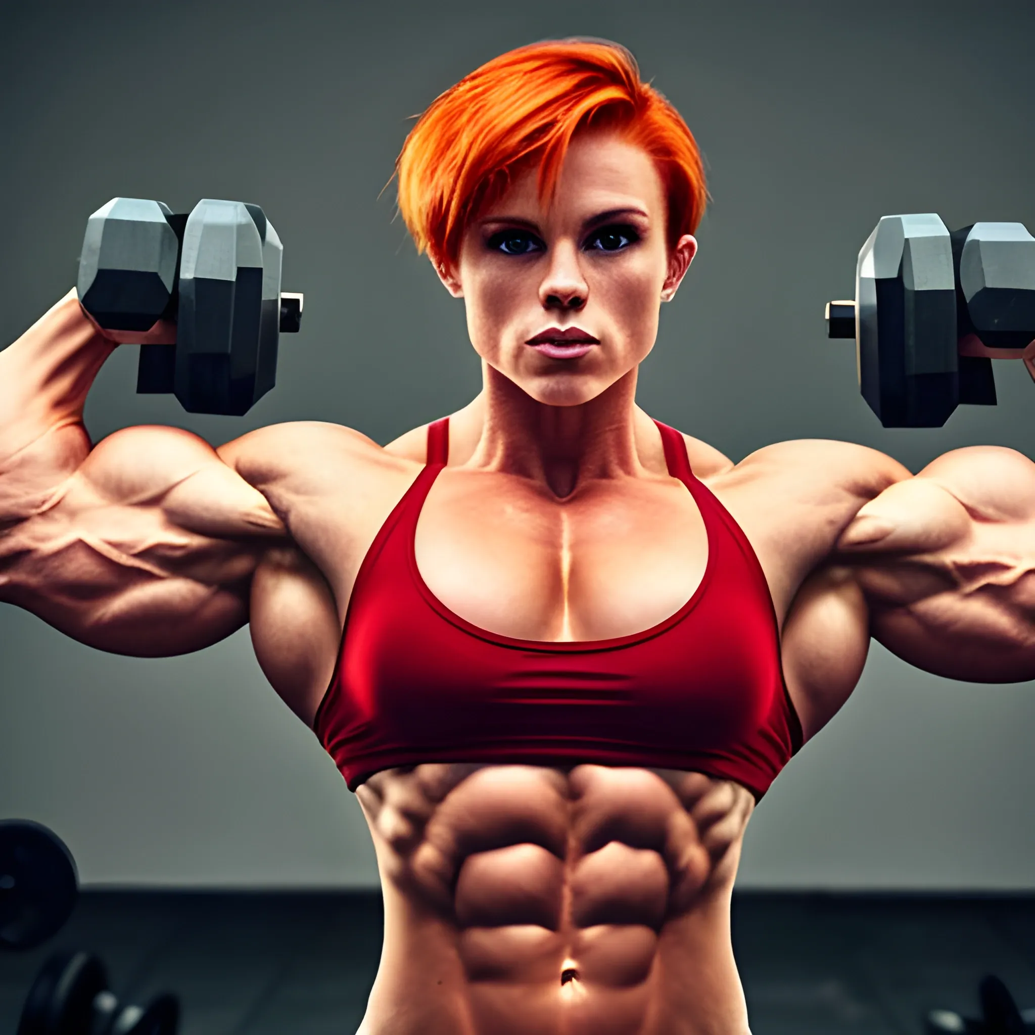 ginger, muscular, strong jawline, female, bodybuilder, short hair