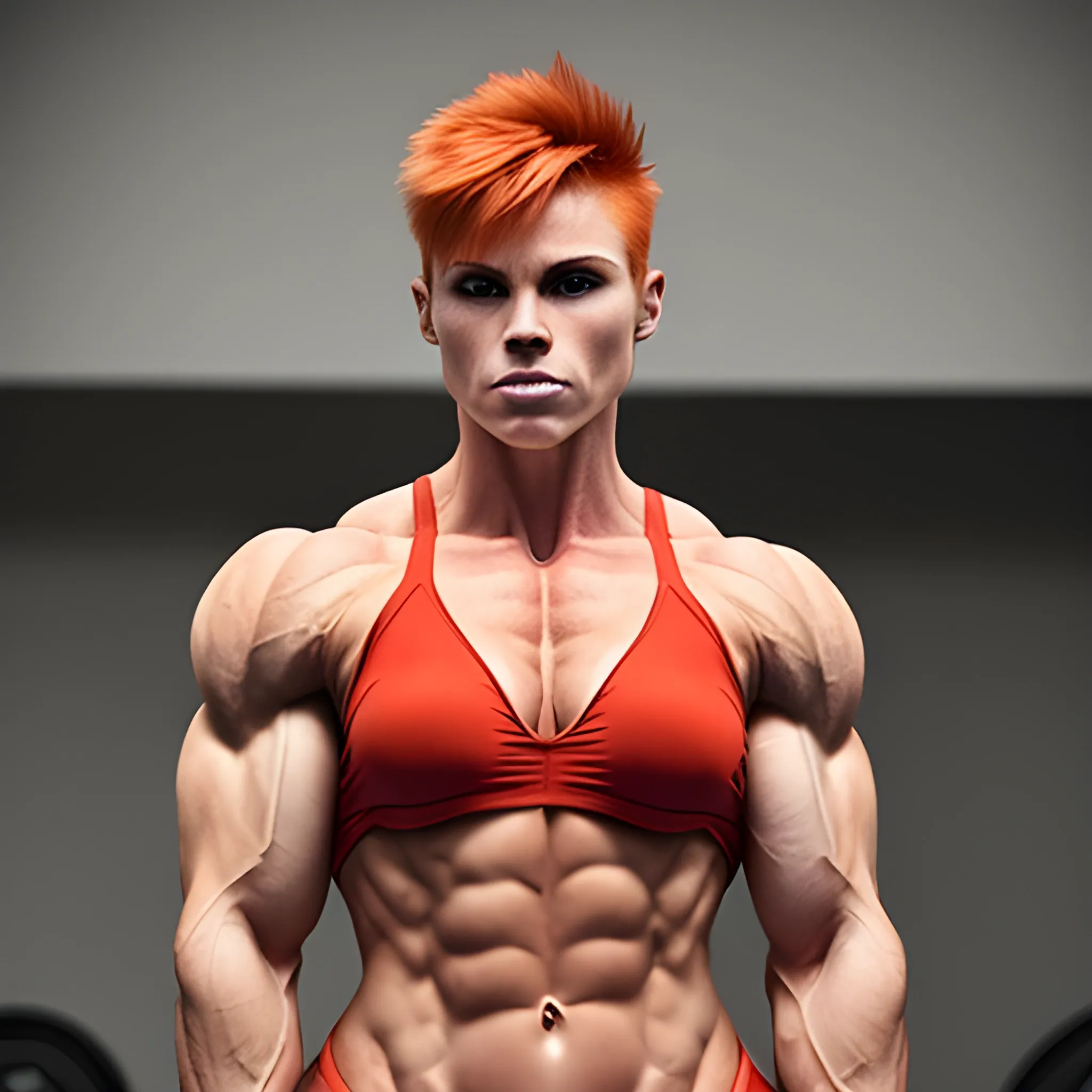 ginger, muscular, strong jawline, female, bodybuilder, short spiky hair