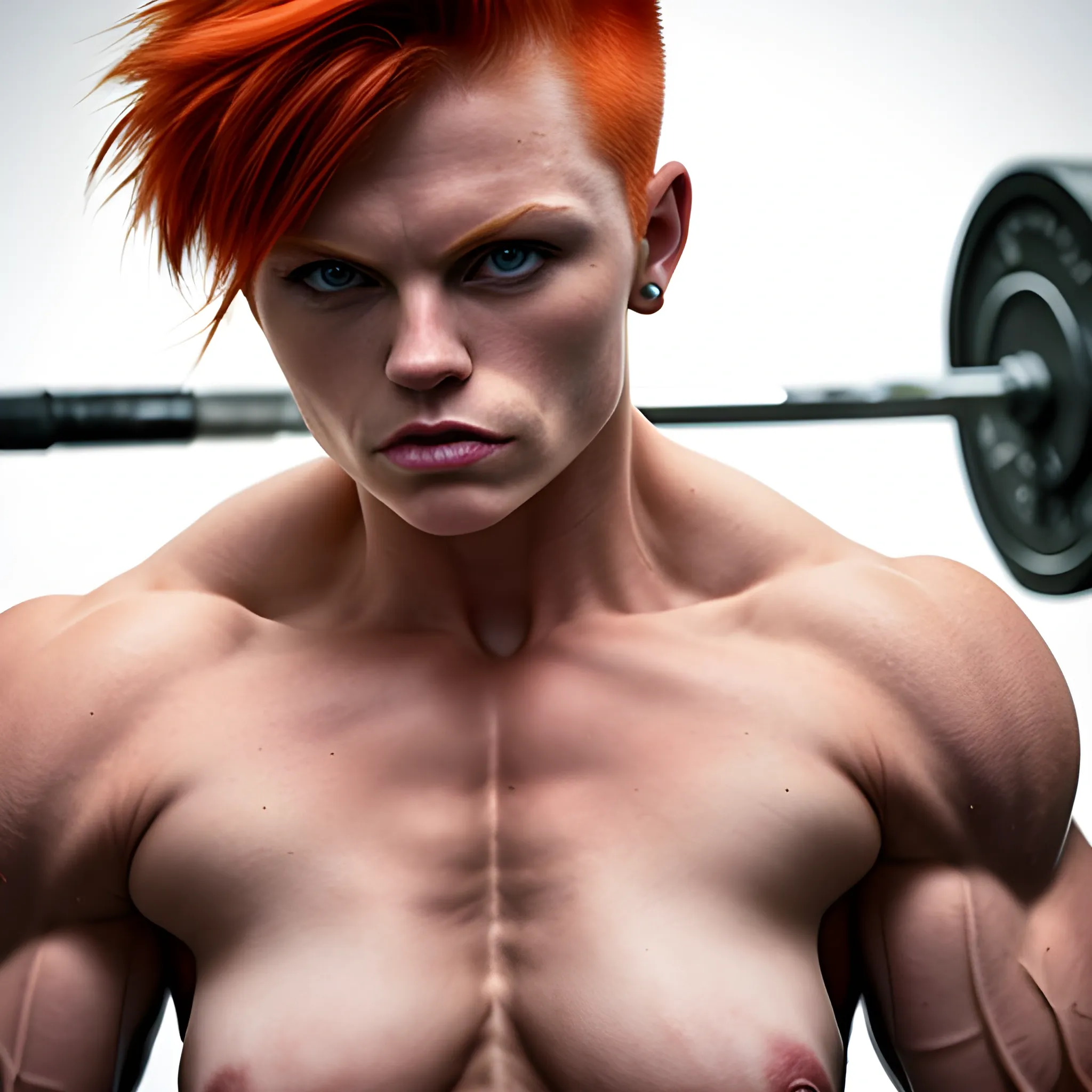 ginger, muscular, strong jawline, female, bodybuilder, short spiky hair, butch lesbian