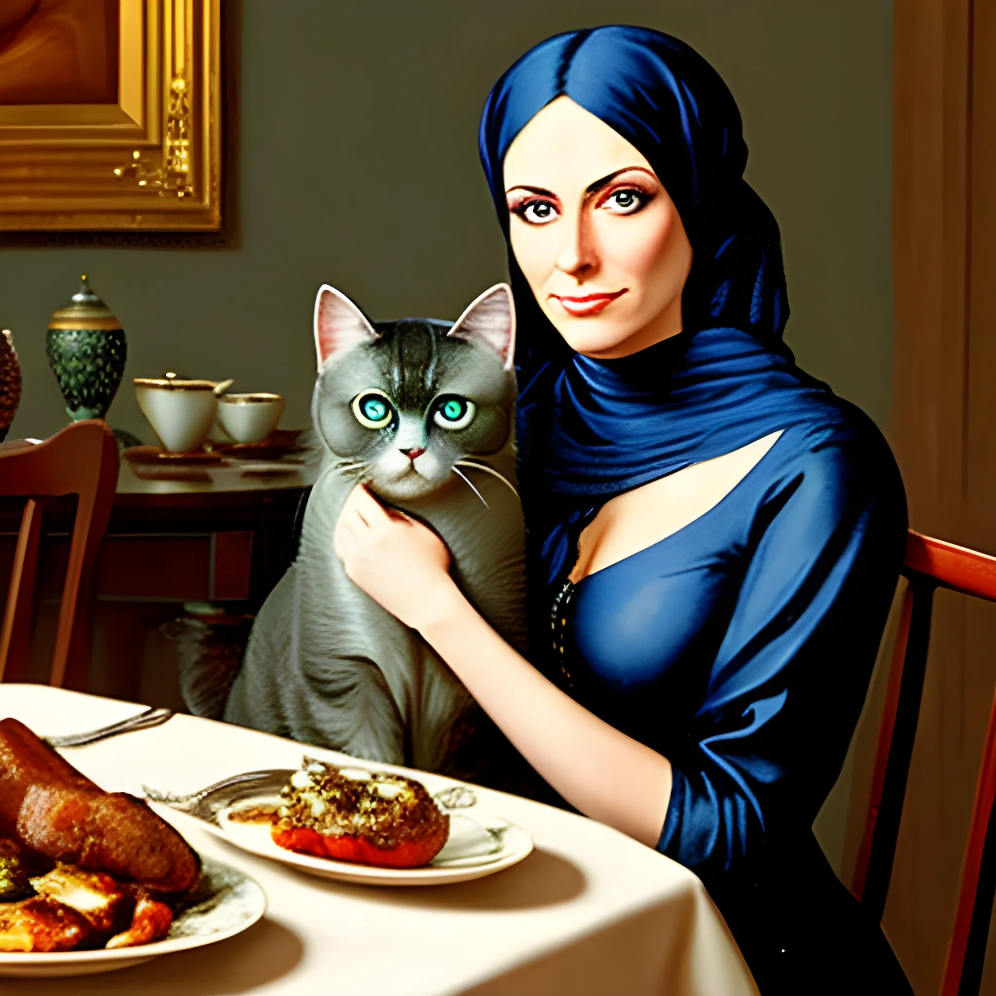  little girl with a  persia cat with blue eyes  in the room at the table