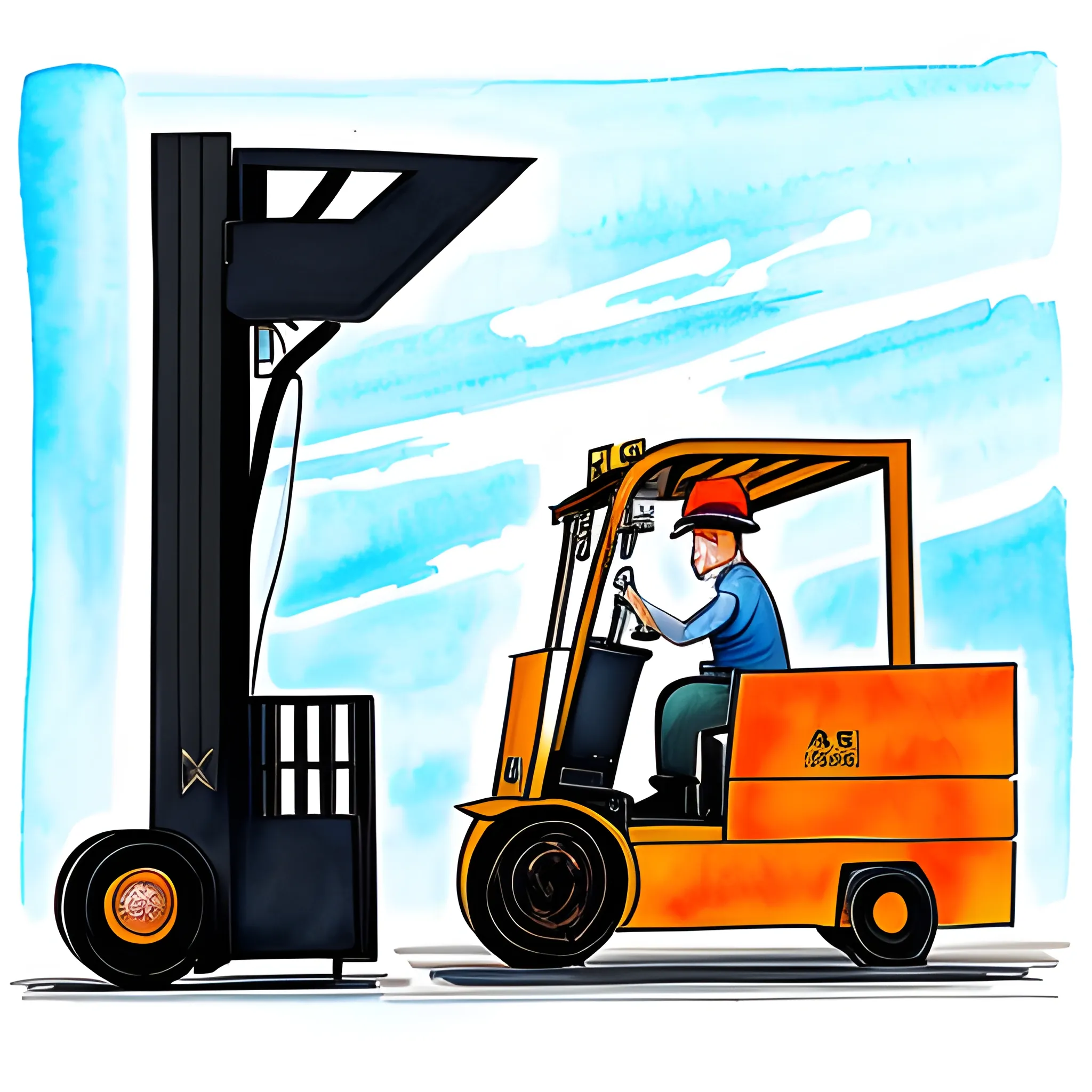 Drawing of a forklift unloading waste big bag's iinto a role off container, Cartoon, Water Color