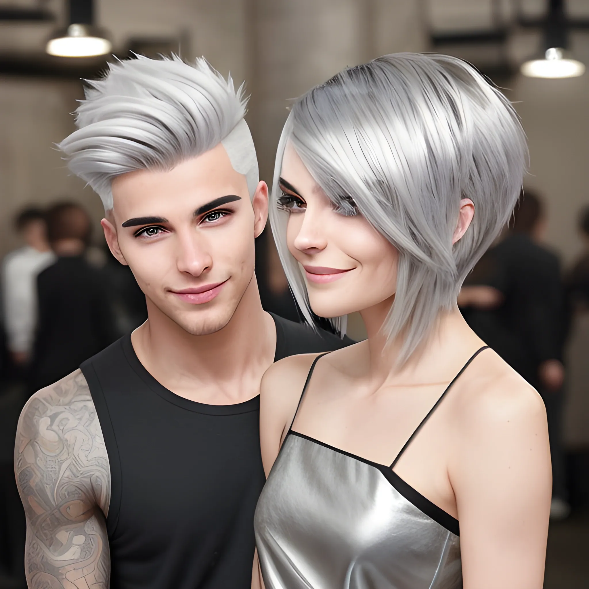 He has fair skin and a happy, empathetic expression, conveying an innovative presence. Her hair is styled in a metallic silver tone, cut in a modern style that complements her casual chic look.
, 3D