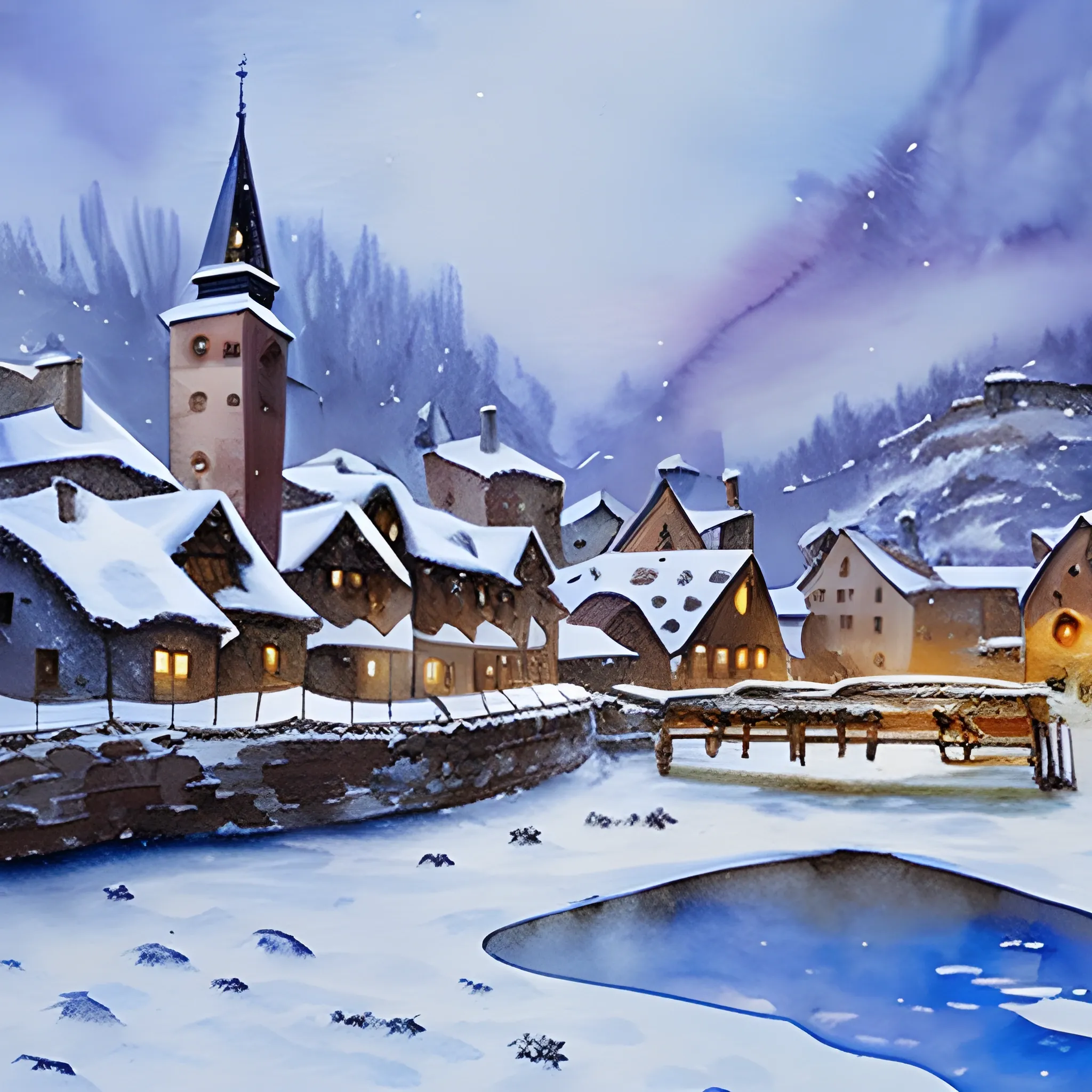 Snowy medieval village , Water Color