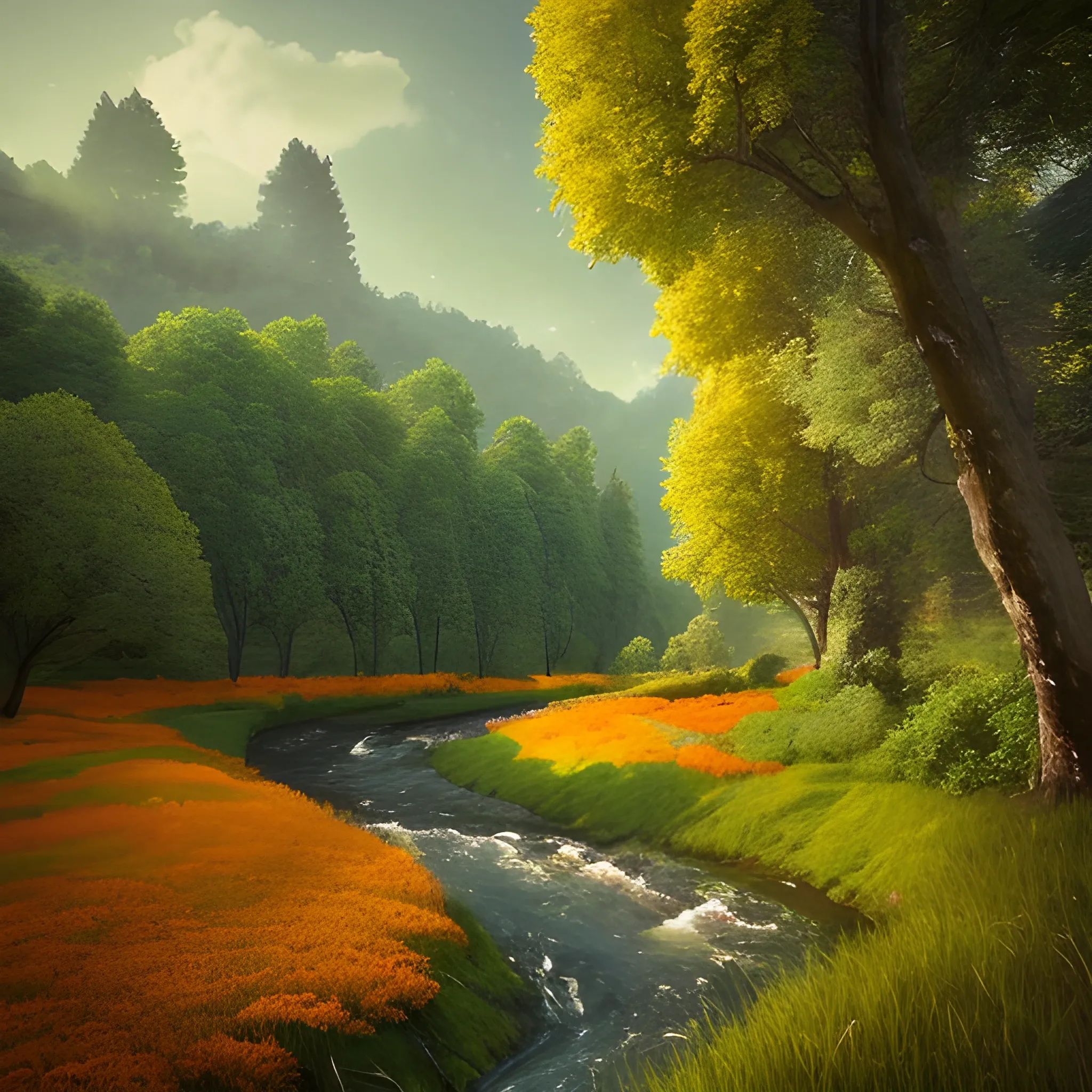 a beautiful landscape with tress, a meadow and a river photo inspired by arcadia, cinematic atmospheric masterpiece, award winning, hyperdetailed, fantastic, wonderful with a mid-aged modern looking woman with mid-long hair looking at this scenary knowing that the future is in her hands, <ith yellow and orange tones.

, 3D