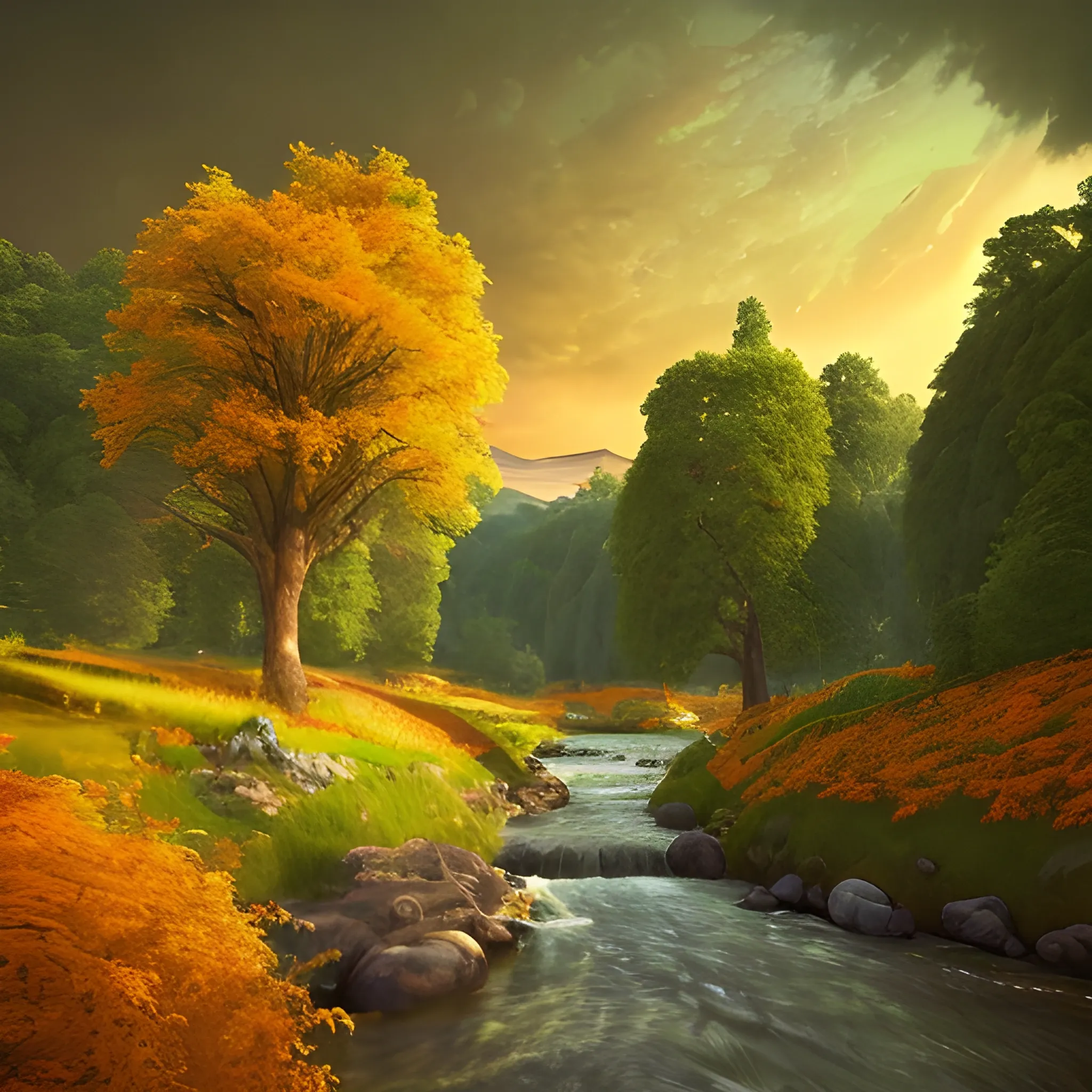 a beautiful landscape with tress, a meadow and a river photo inspired by arcadia, cinematic atmospheric masterpiece, award winning, hyperdetailed, fantastic, wonderful with a mid-aged modern looking woman with mid-long hair looking at this scenary knowing that the future is in her hands, <ith yellow and orange tones.

, 3D, 3D