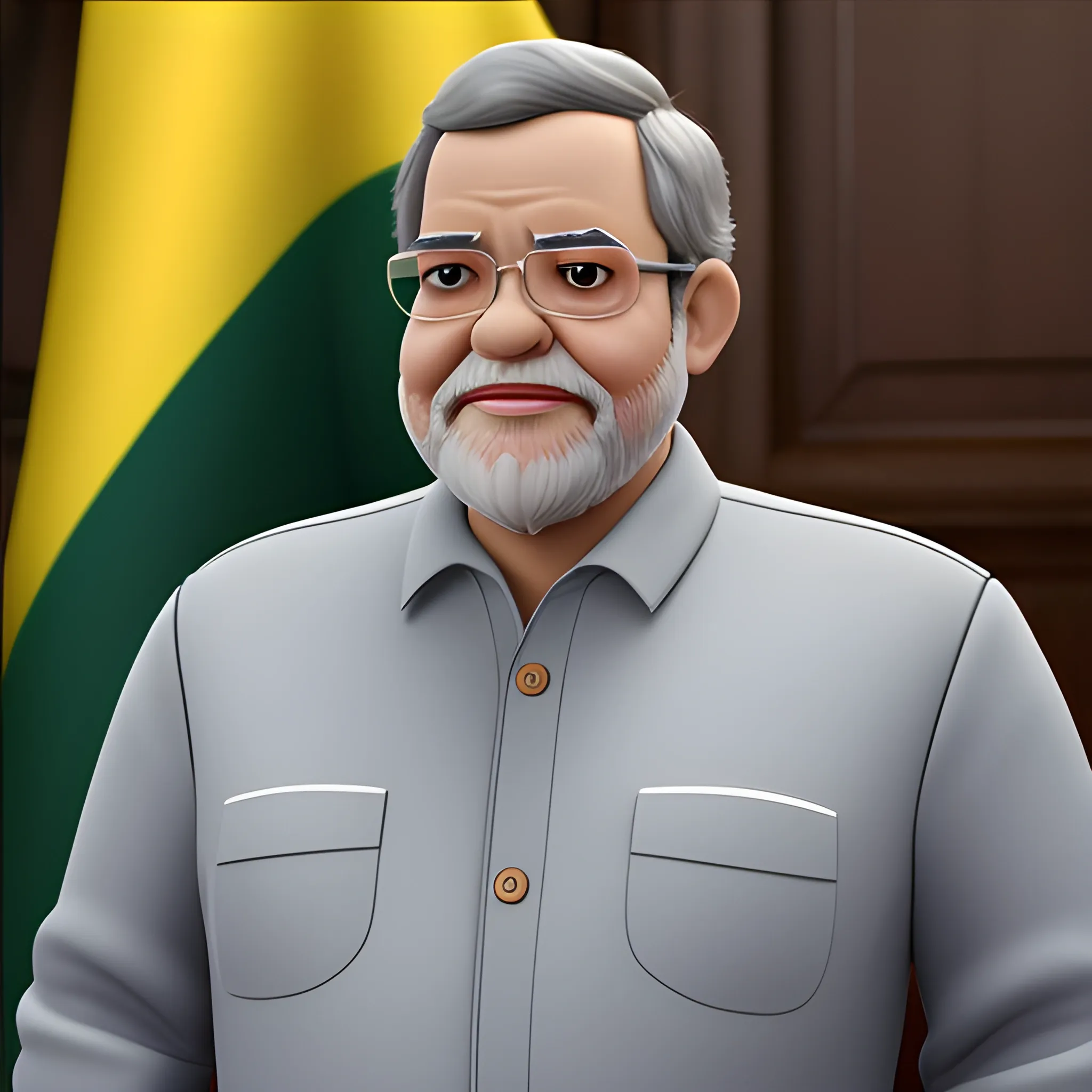 Crie uma imagem 3d pixar do presidente do Brasil luiz inacio lula da Silva 77 anos barba branca usando roupa de presidiário listrada preto e branco escrito PT 