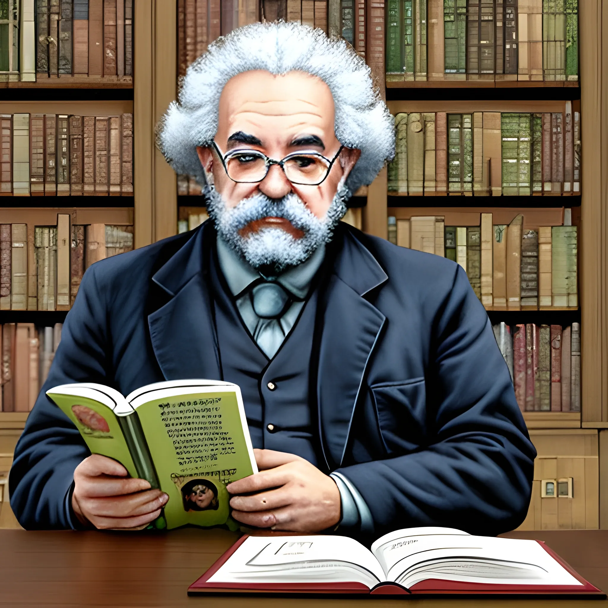 Imagen completa de Carlos Marx leyendo un libro mientras tiene cara de preocupado, en una biblioteca