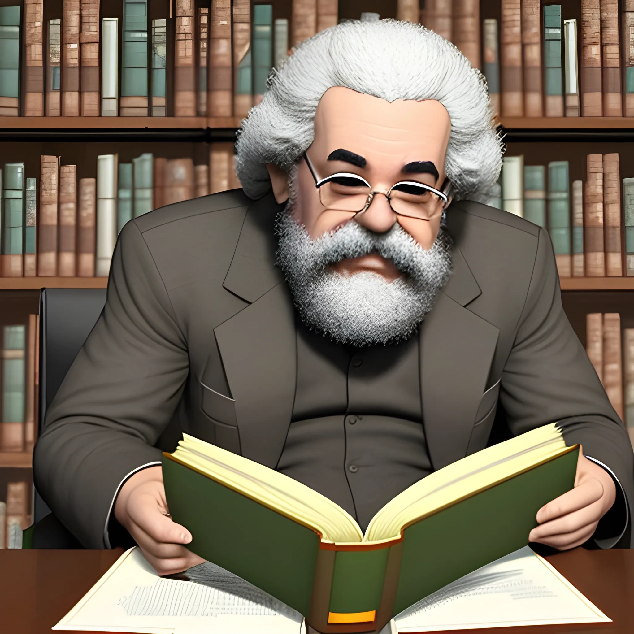 Imagen completa de Carlos Marx leyendo un libro mientras tiene cara de preocupado, en una biblioteca, 3D