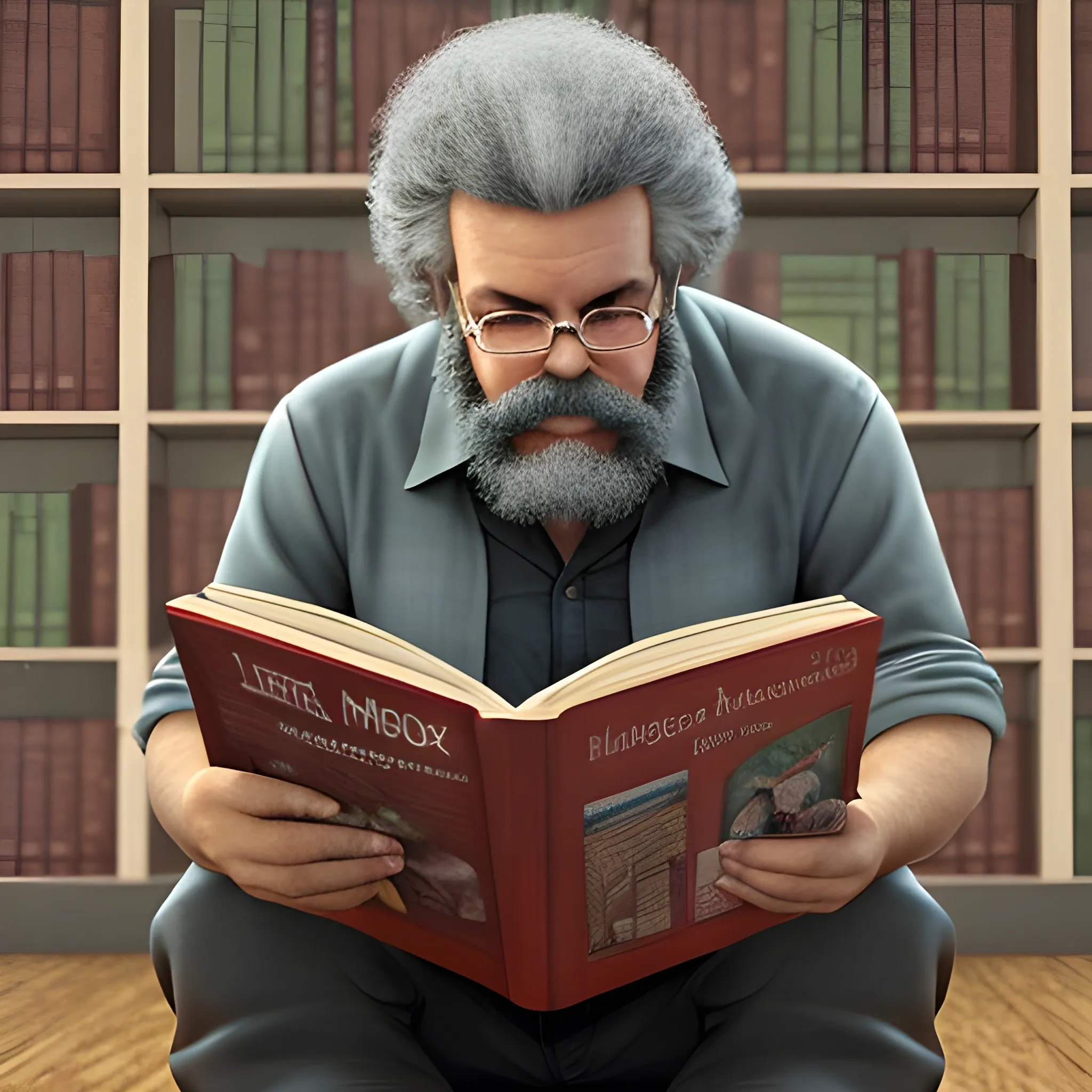 Imagen completa de Carlos Marx leyendo un libro mientras tiene cara de preocupado, en una biblioteca, 3D, Water Color