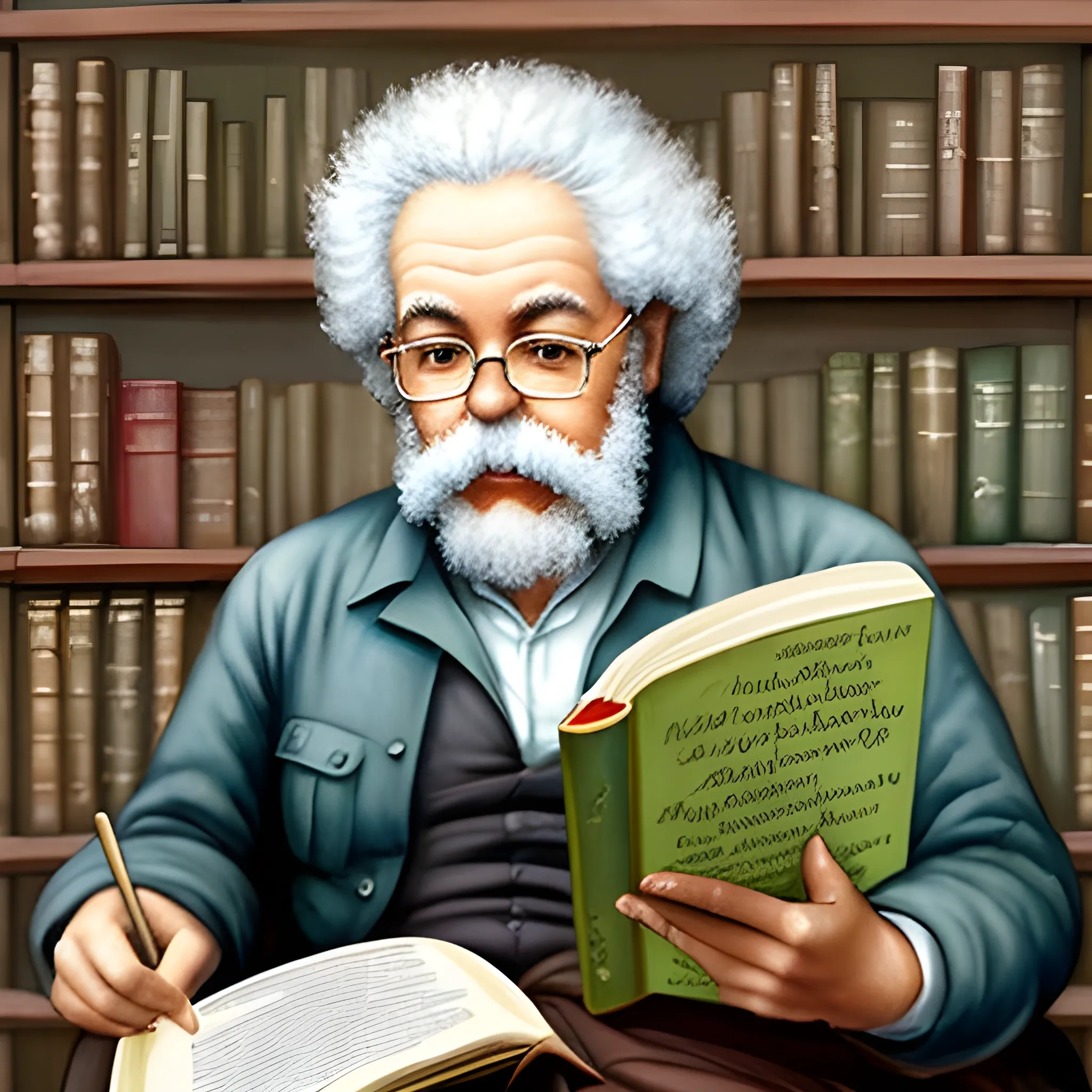 Imagen completa de Carlos Marx leyendo un libro mientras tiene cara de preocupado, en una biblioteca, 3D, Water Color, Oil Painting