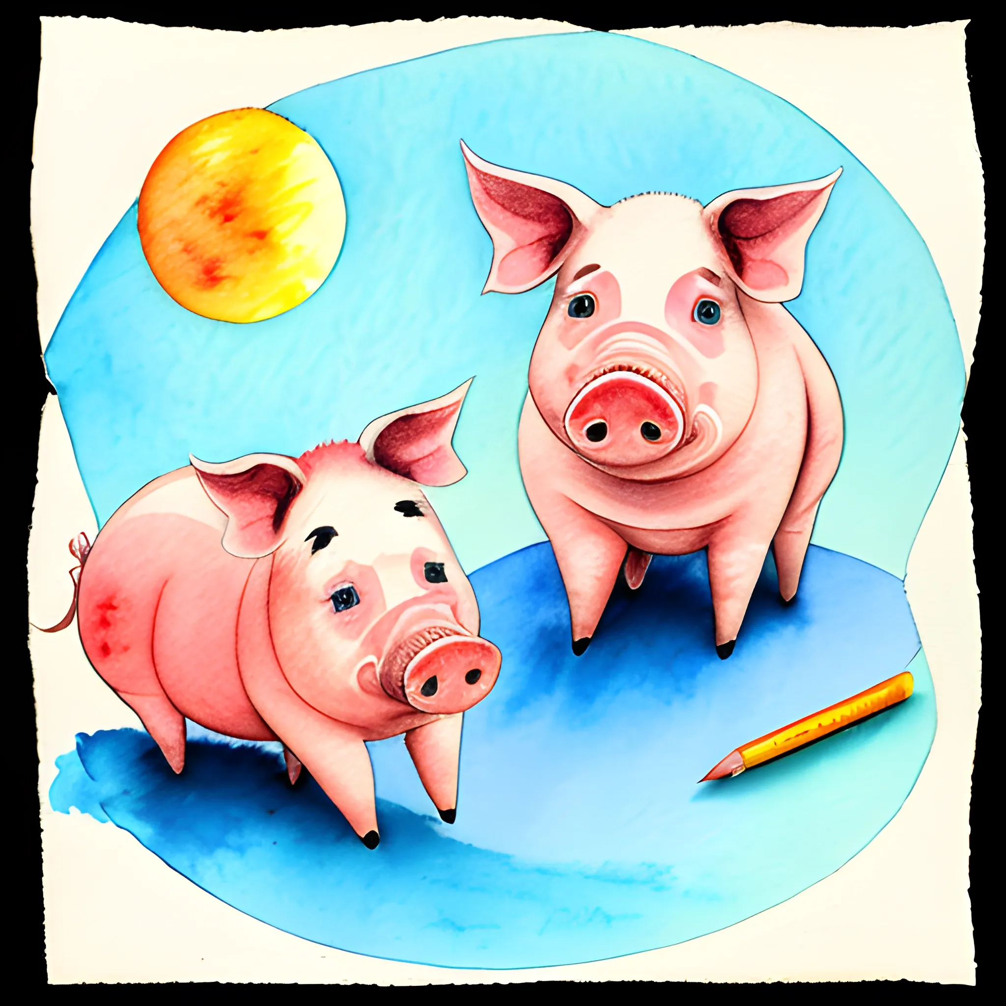 2 pigs with krills fly in the material world, , Pencil Sketch, Water Color, Water Color