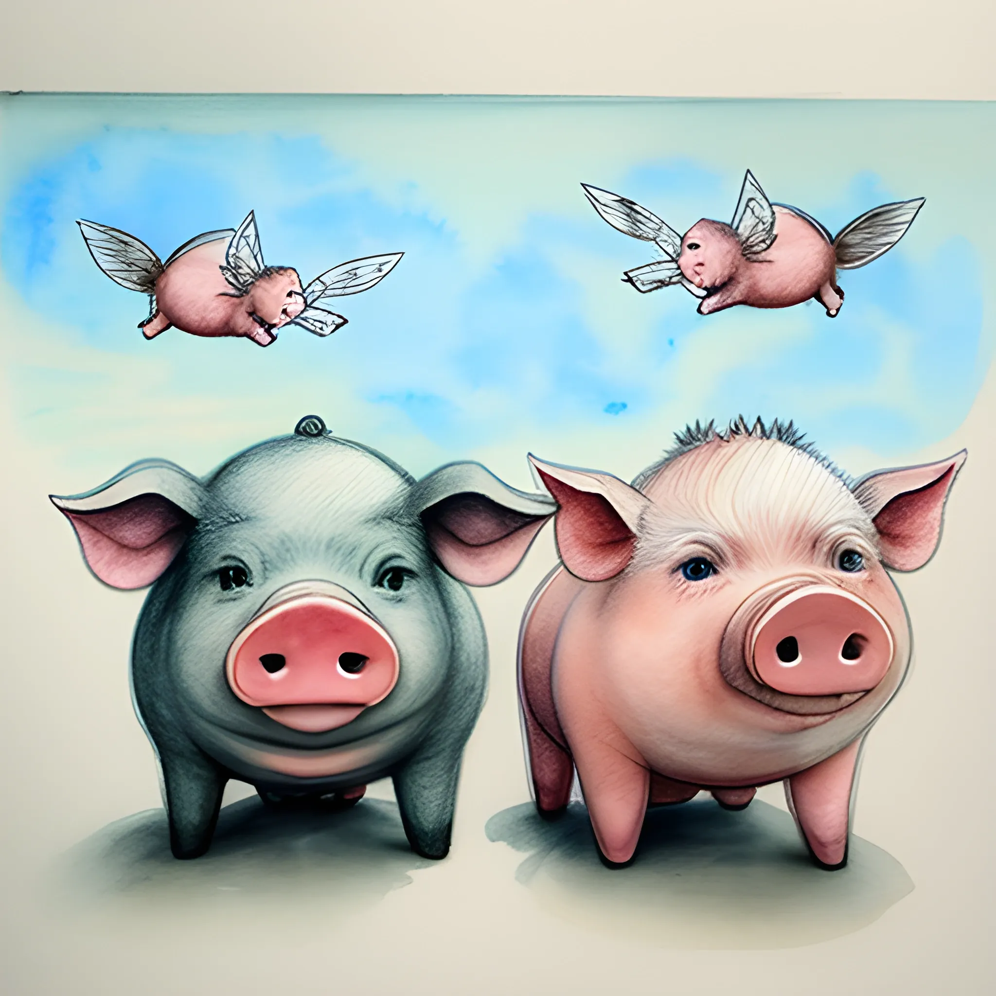 2 pigs with krills fly in the material world, , Pencil Sketch, Water Color, Water Color