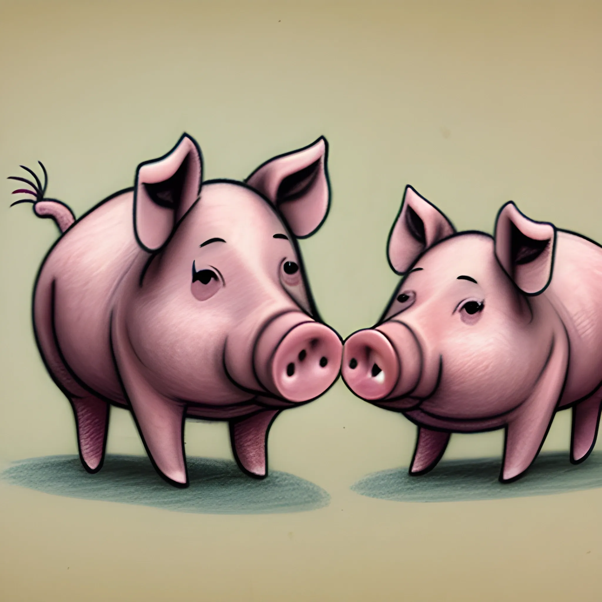 2 pigs with krills fly in the material world, , , Cartoon, Pencil Sketch