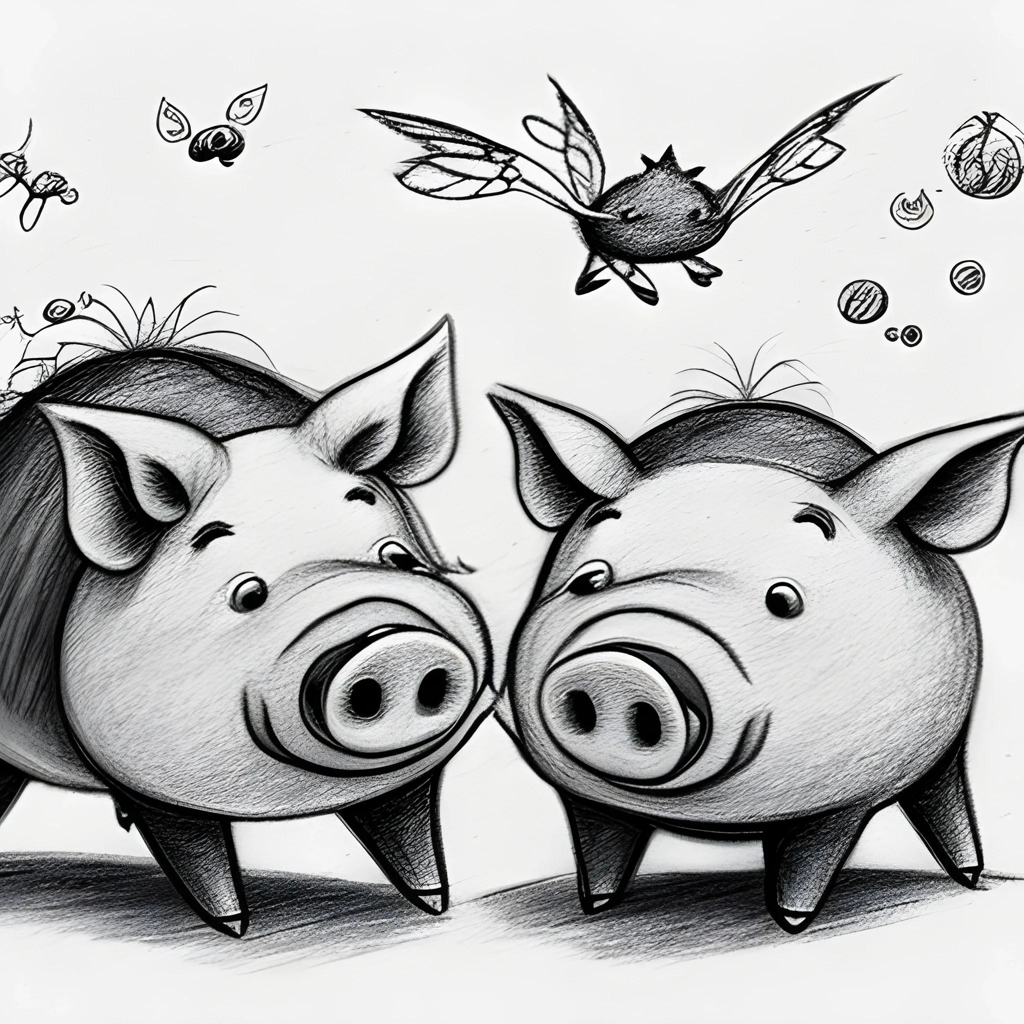 2 pigs with krills fly in the material world, , , Cartoon, Pencil Sketch