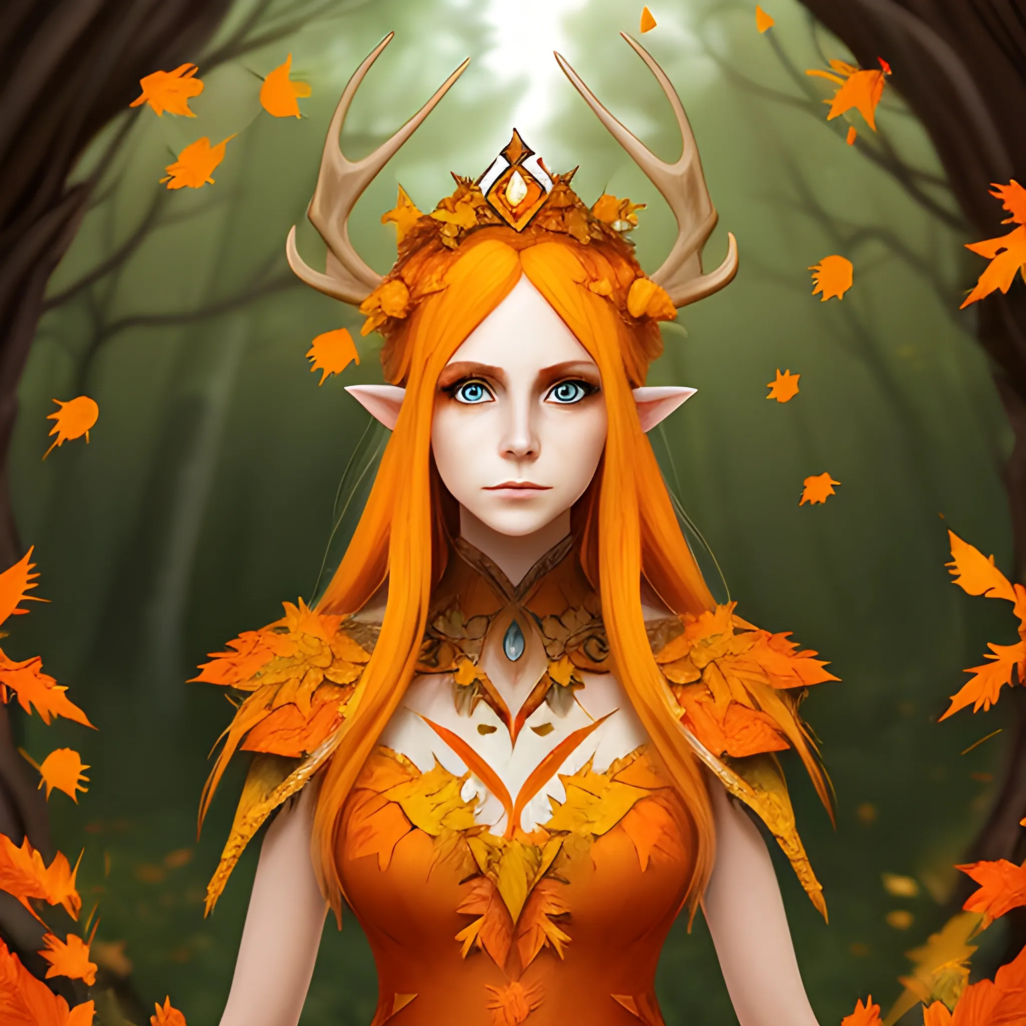 Female Eladrin with orange and yellow hair with leaves in it. Wearing a dress made of orange and yellow fallen leaves. Heart shaped face, dark brown eyes, looking forward and a crown with antlers.
Fantasy