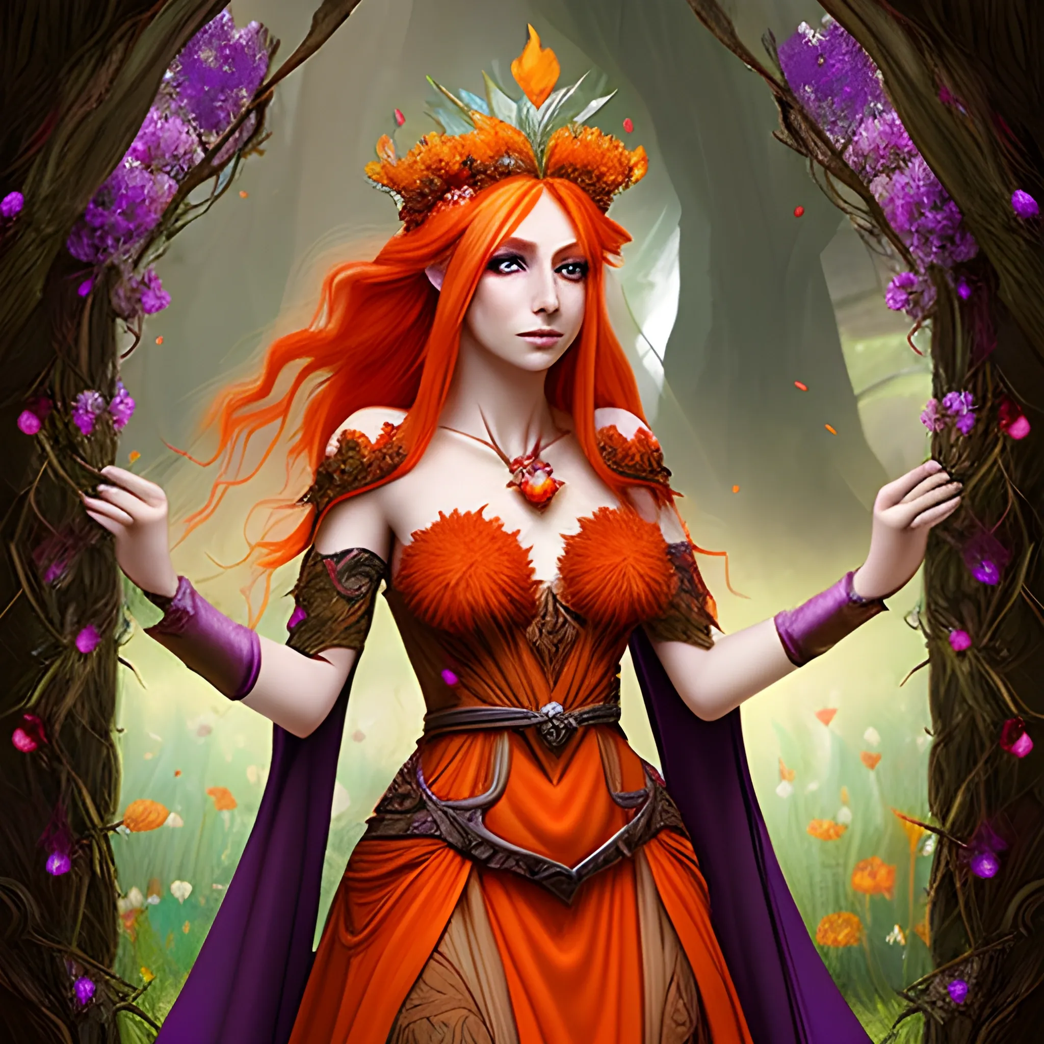 Female Eladrin with fiery red hair with orange highlights. Wearing a dress made of blossoming flowers. Heart shaped face, purple eyes, looking forward. Wearing a crown made of flowers.
Fantasy