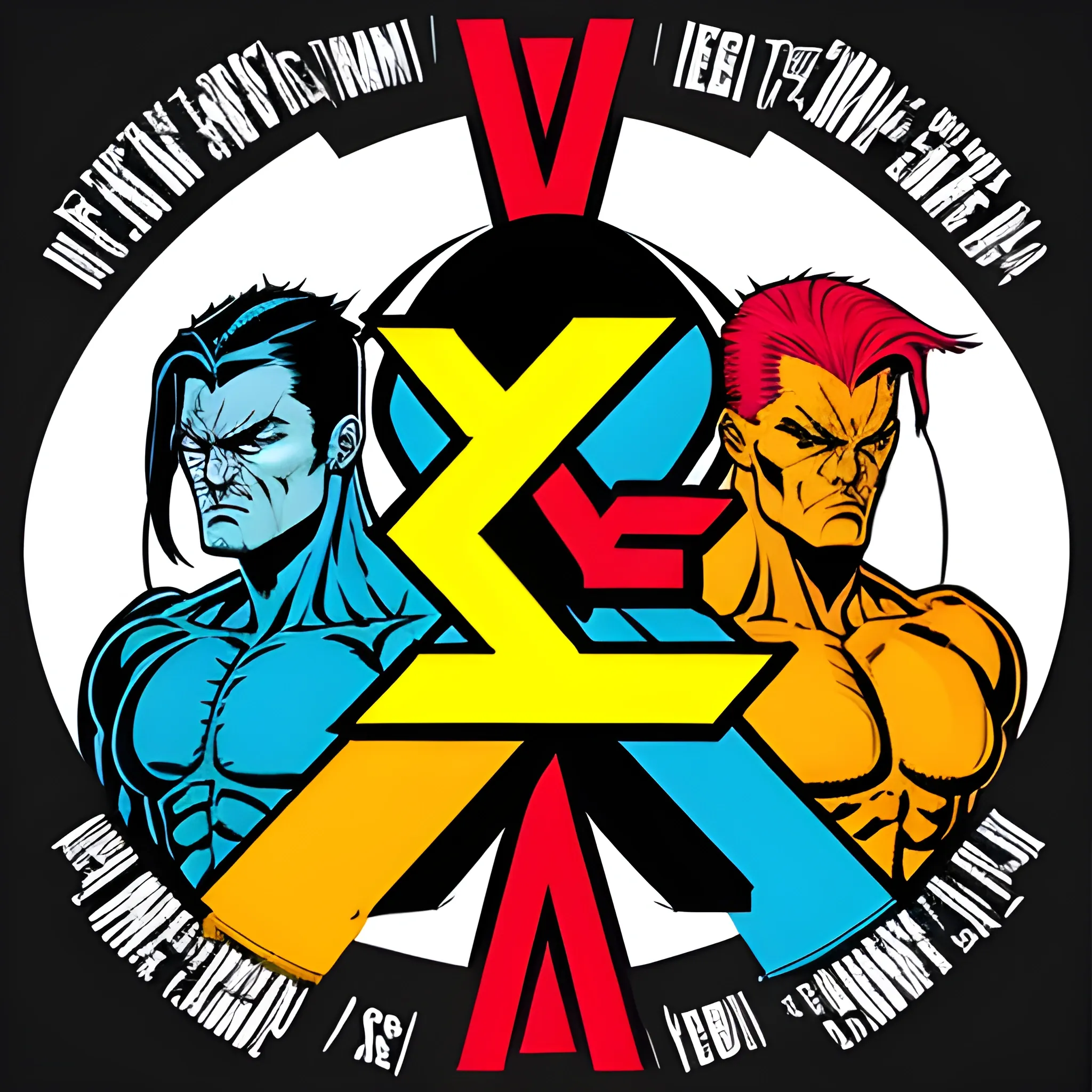 draw a template for the presentation of a fight, in the middle it should have the letters "VS" in a metallic style like x-men