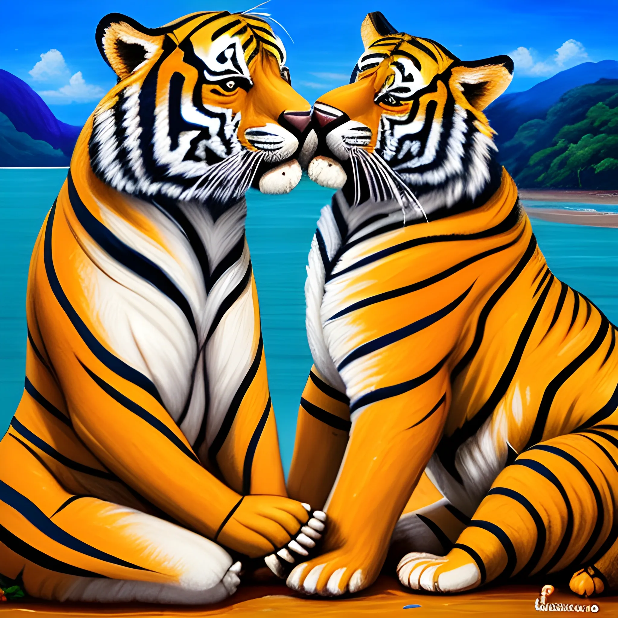 crie uma imagem com um casal se abraçando e tigres e outros animais selvagens convivendo pacificamente e um rio passando pelo meio desse campi, Oil Painting