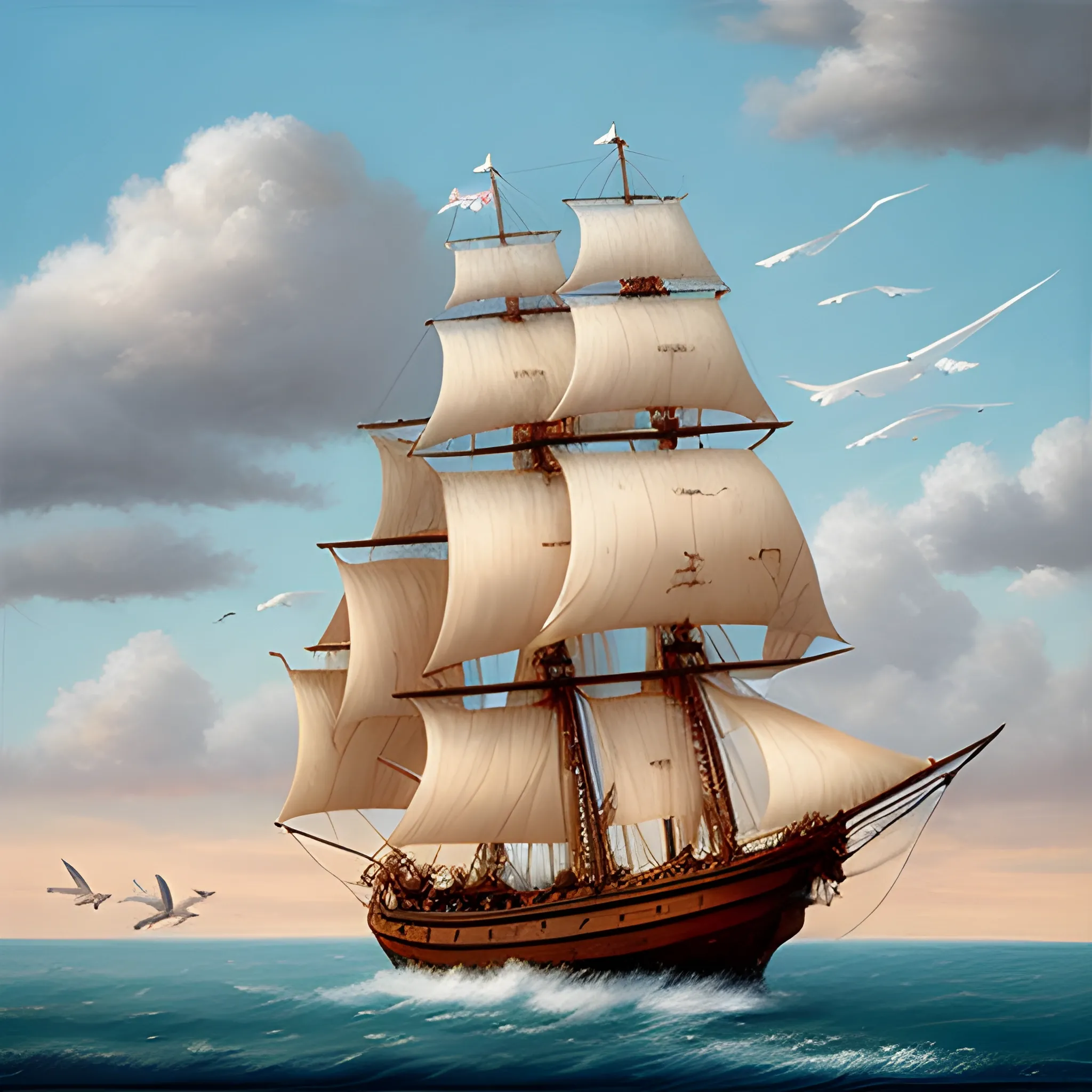 make a old sailing ship in sea, some birds in the sky, dramatic ...