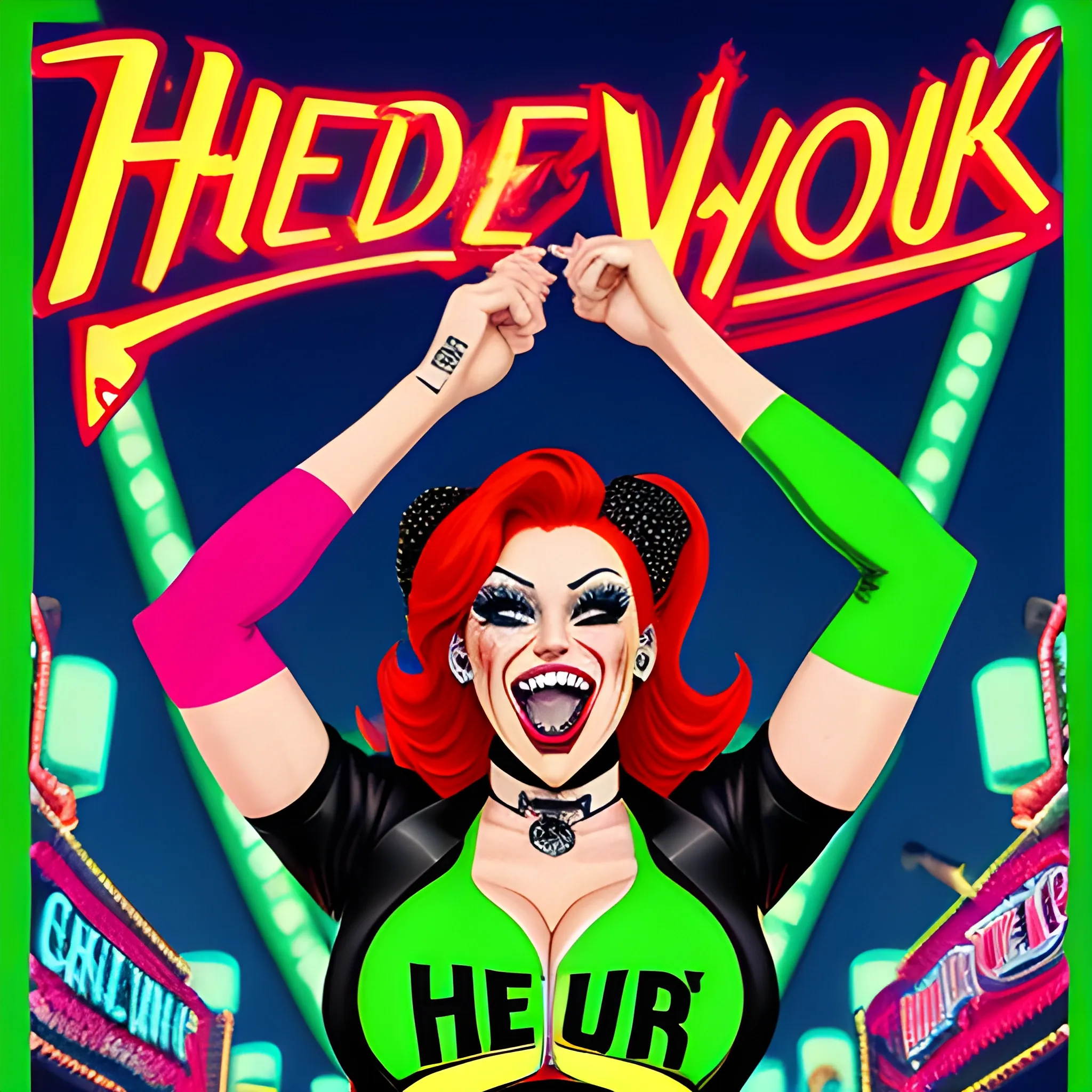 a hysterical cheerleader with red hair and freckles cheer uniform text: "NYC"; on a carnival pendulum ride, add text: "HA HA HOO HEE!"; she is next to a hysterical biker in a black t-shirt and black leather jacket who is throwing up green, with the text: 'BLARRGGHH!'; neon colors, carnival atmosphere, 80’s poster art, Garbage Pail Kids, vaporwave, hyperdetailed