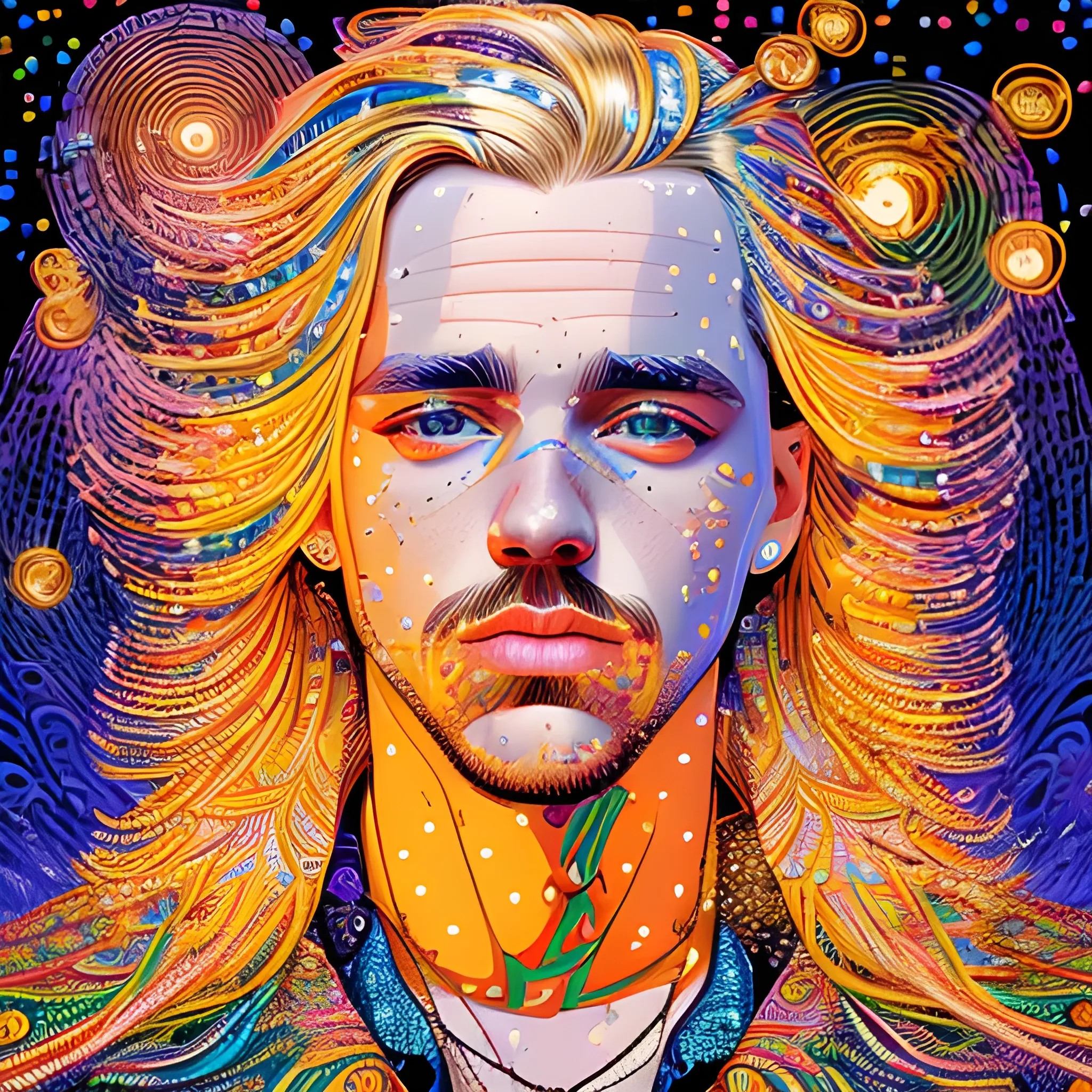 Estonian rapper Tommy Cash, his highly detailed handsome face, meticulously detailed long blond hair; by James R. Eads, Fausto-Giurescu, Tania Rivilis, Dan Mumford; luminous colorful sparkles, glitter, airbrush, depth of field, volumetric lighting