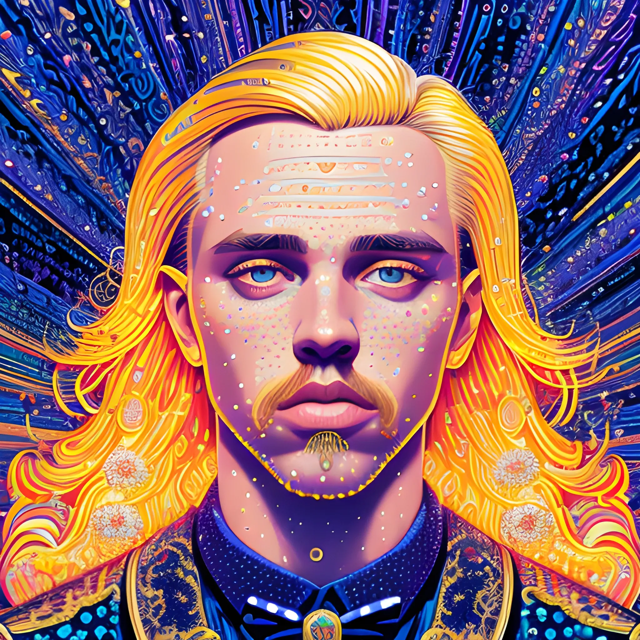 Estonian rapper Tommy Cash, his highly detailed handsome face, meticulously detailed long blond hair; by James R. Eads, Fausto-Giurescu, Tania Rivilis, Dan Mumford; luminous colorful sparkles, glitter, airbrush, depth of field, volumetric lighting