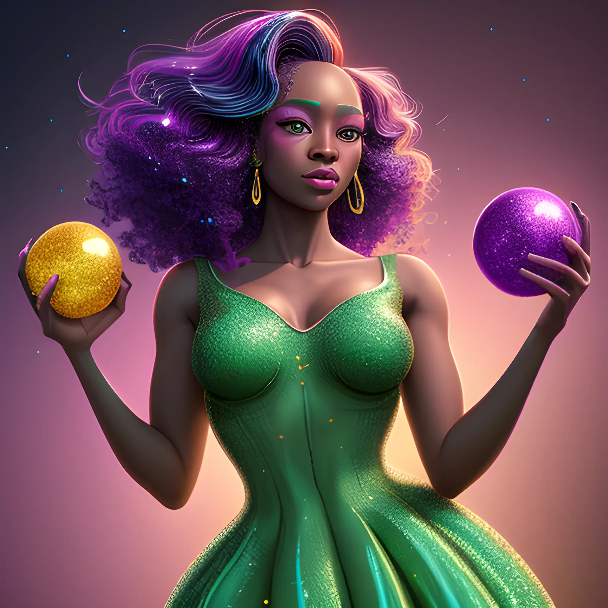 Charlotte Ayanna, perfect, anatomically correct perfect body, highly detailed beautiful face, green midriff dress, meticulously detailed multi-hued long dark curly hair, holding a purple ball in her hand; digital painting, smooth, sharp focus, colorful illustration, art by Lisa Frank, James R. Eads, artgerm and Maxfield Parrish; luminous color sparkles, glitter, neon, airbrush, Unreal Engine 5