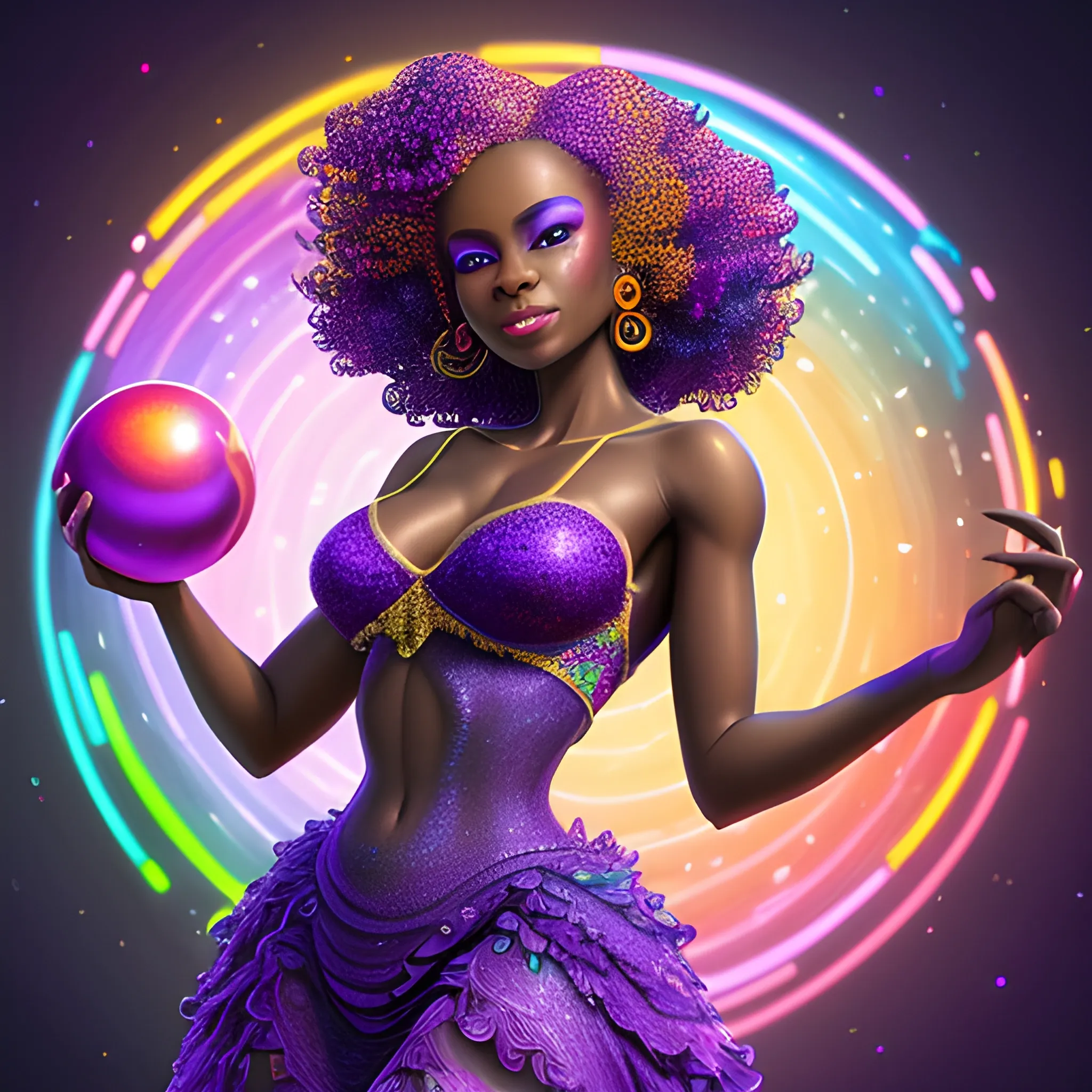 Charlotte Ayanna, perfect, anatomically correct perfect body, highly detailed beautiful face, green midriff dress, meticulously detailed multi-hued long dark curly hair, holding a purple ball in her hand; digital painting, smooth, sharp focus, colorful illustration, art by Lisa Frank, James R. Eads, artgerm and Maxfield Parrish; luminous color sparkles, glitter, neon, airbrush, Unreal Engine 5