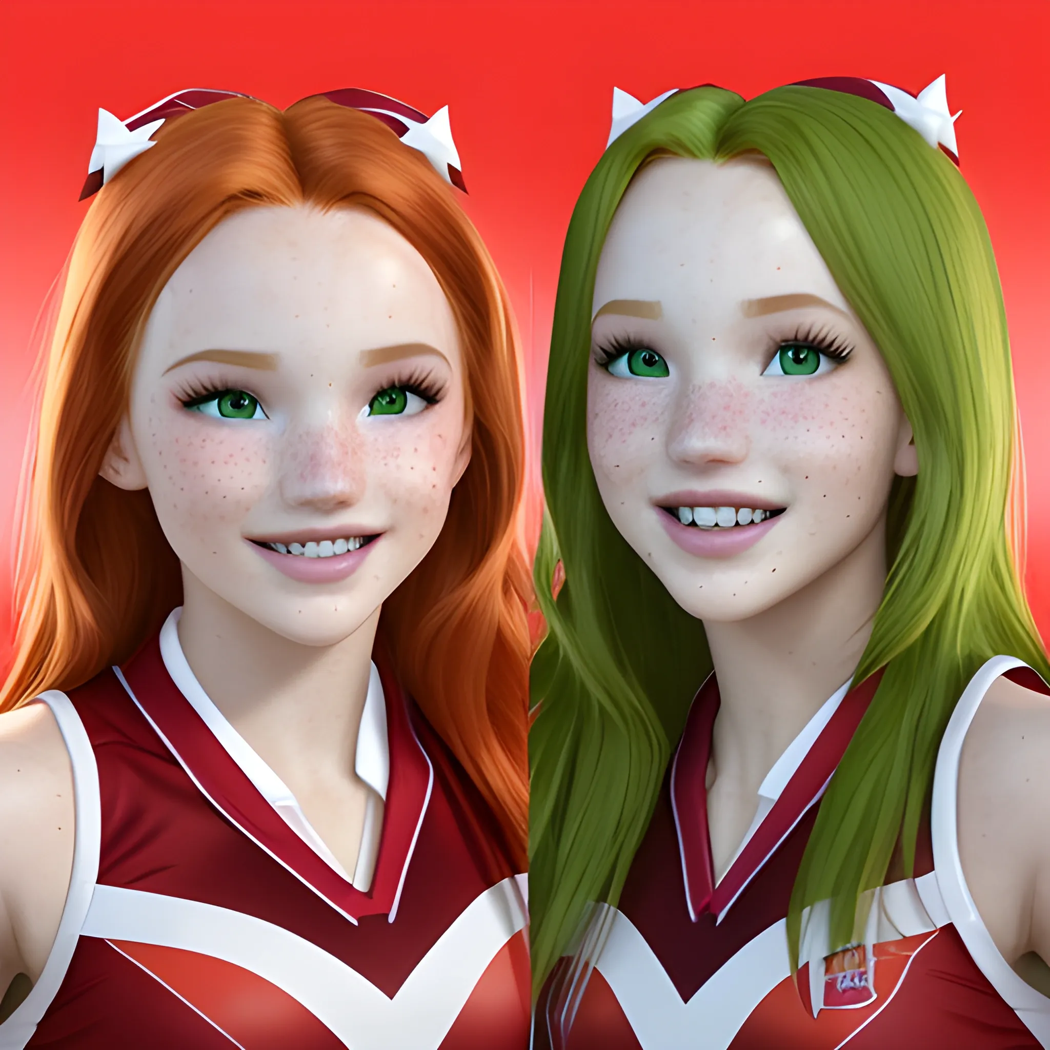 Bella Thorne / Dove Cameron face morph, 3D, red hair, green eyes, freckles, cheer uniform