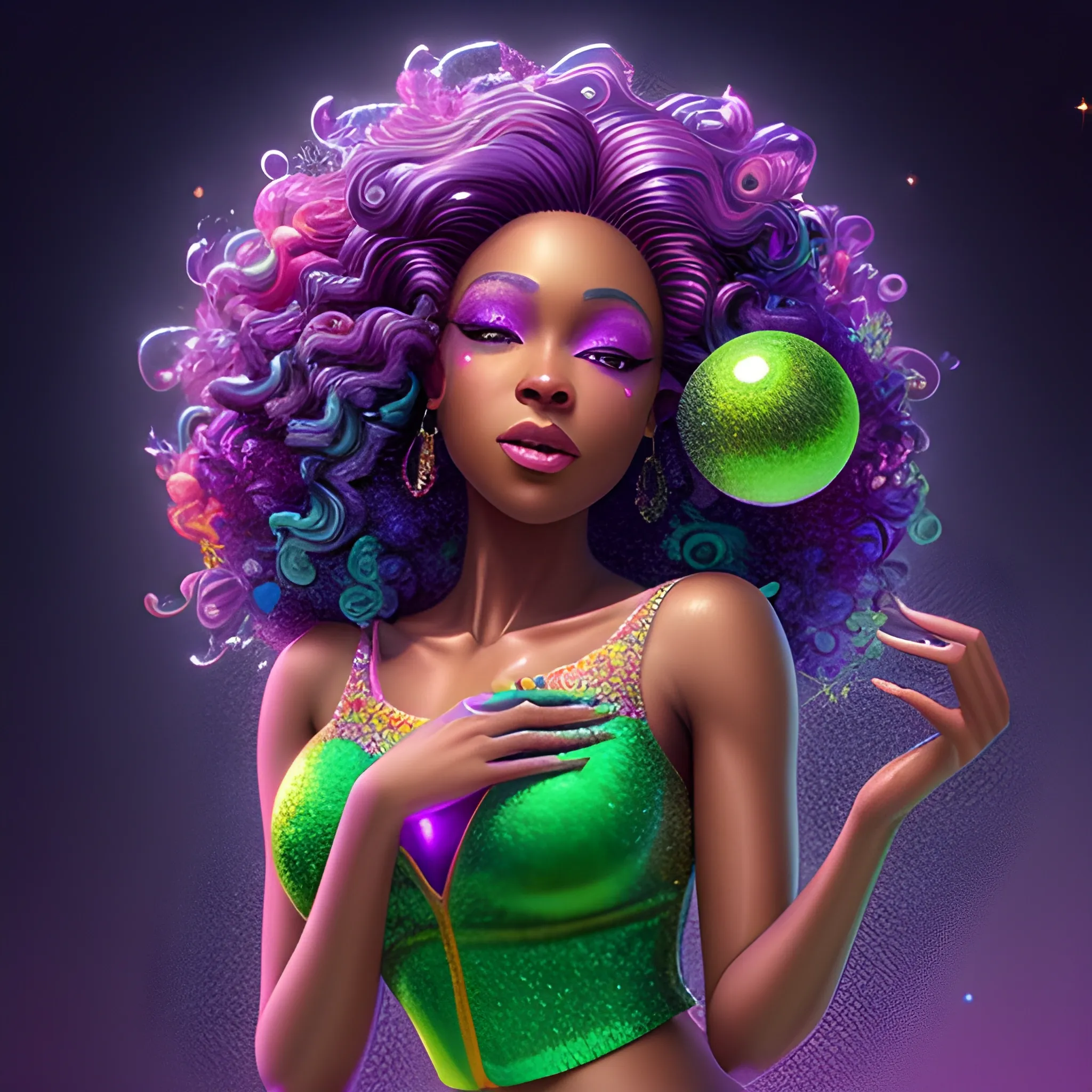 Charlotte Ayanna, perfect, anatomically correct perfect body, highly detailed beautiful face, green midriff dress, meticulously detailed multi-hued long dark curly hair, holding a purple ball in her hand; digital painting, smooth, sharp focus, colorful illustration, art by Lisa Frank, James R. Eads, artgerm and Maxfield Parrish; luminous color sparkles, glitter, neon, airbrush, Unreal Engine 5