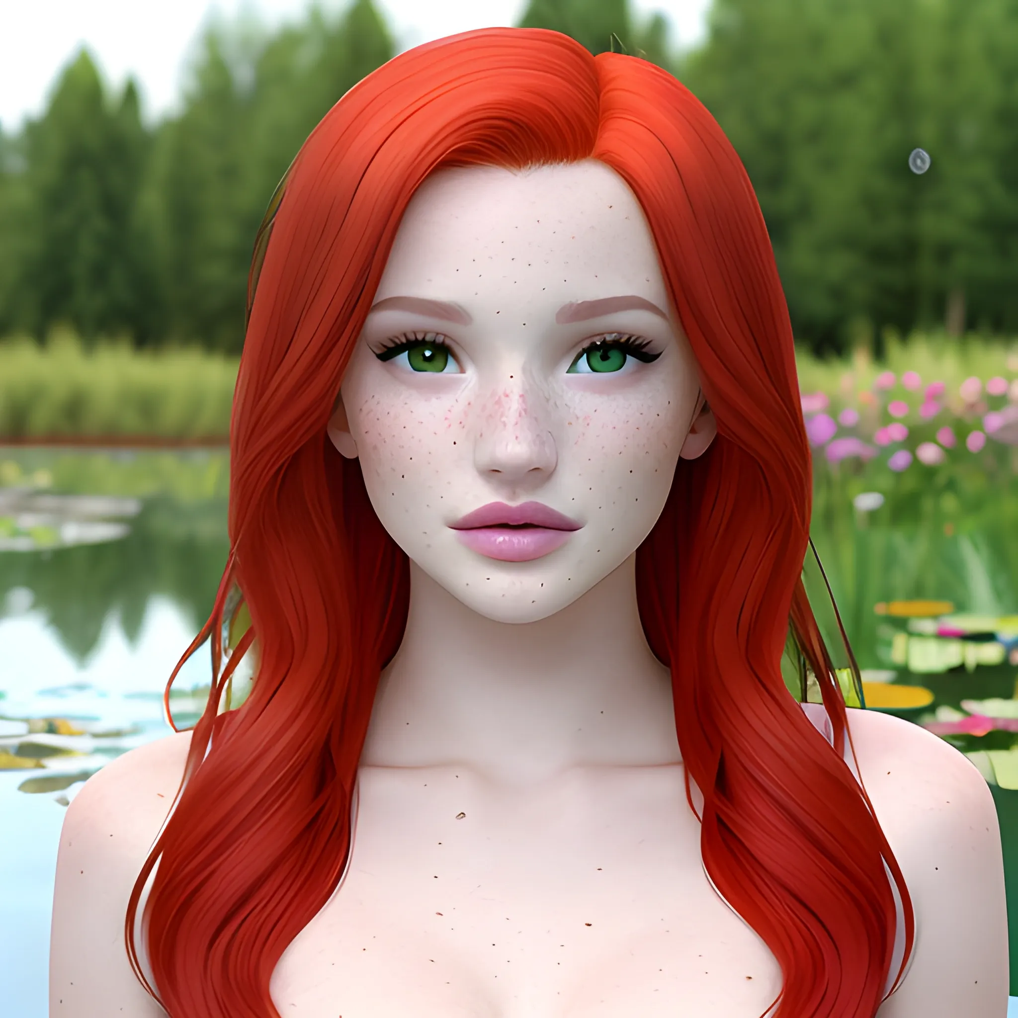 Bella Thorne / Dove Cameron face morph, 3D, red hair, green eyes, freckles, lotus pond