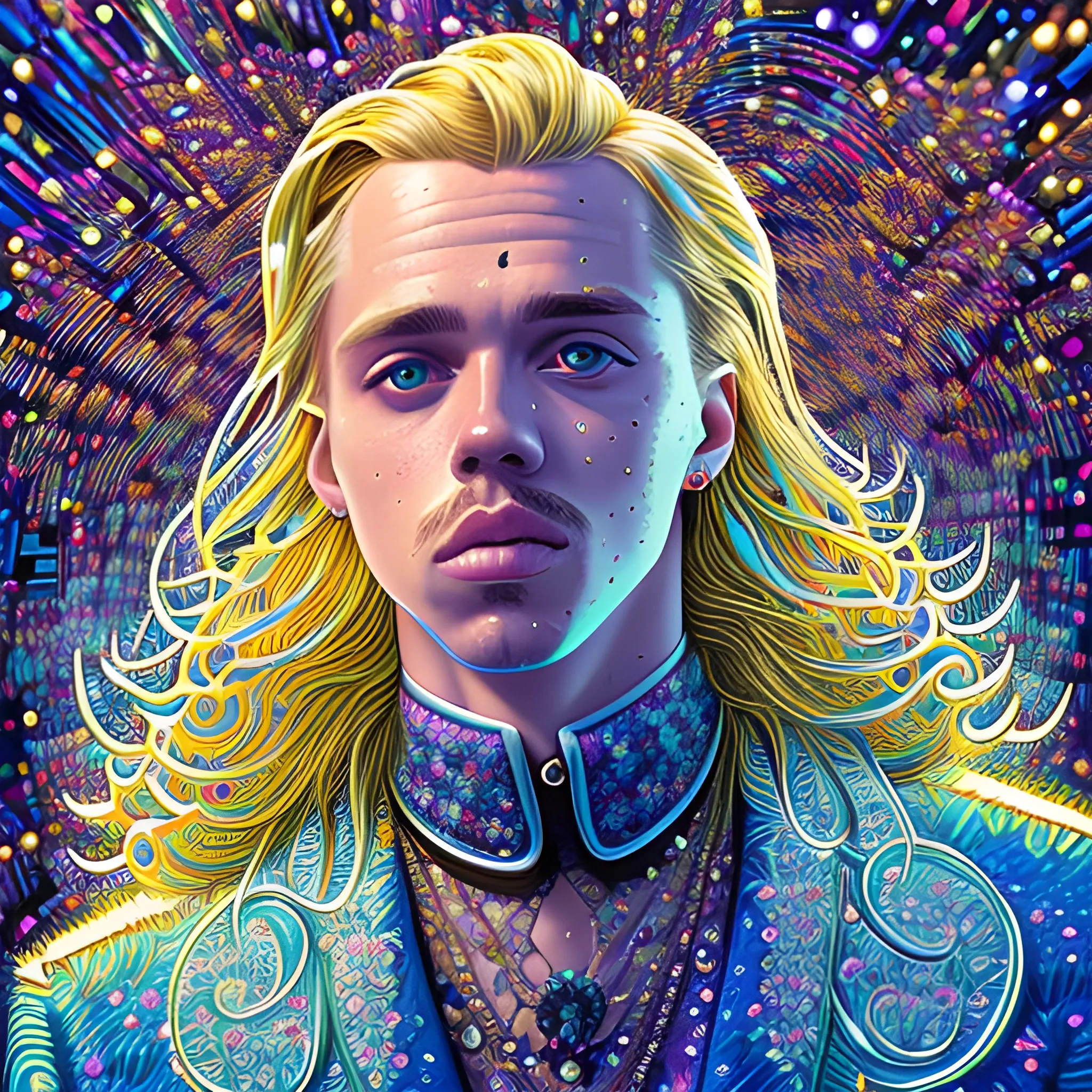 Estonian rapper Tommy Cash, his highly detailed handsome face, meticulously detailed long blond hair; by James R. Eads, Fausto-Giurescu, Tania Rivilis, Dan Mumford; luminous colorful sparkles, glitter, airbrush, depth of field, volumetric lighting