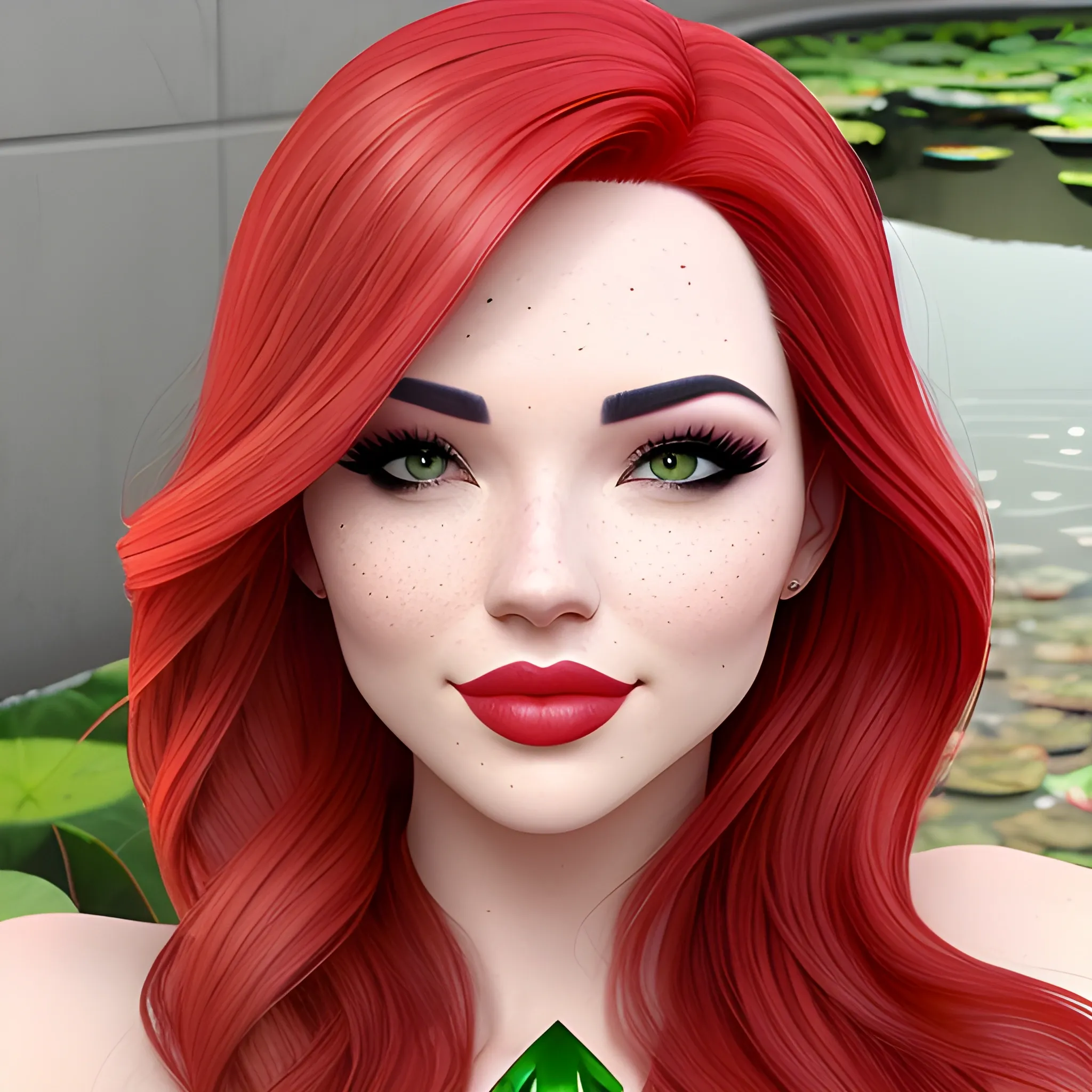 Shanina Shaik / Dove Cameron face morph, 3D, red hair, green eyes, freckles, lotus pond