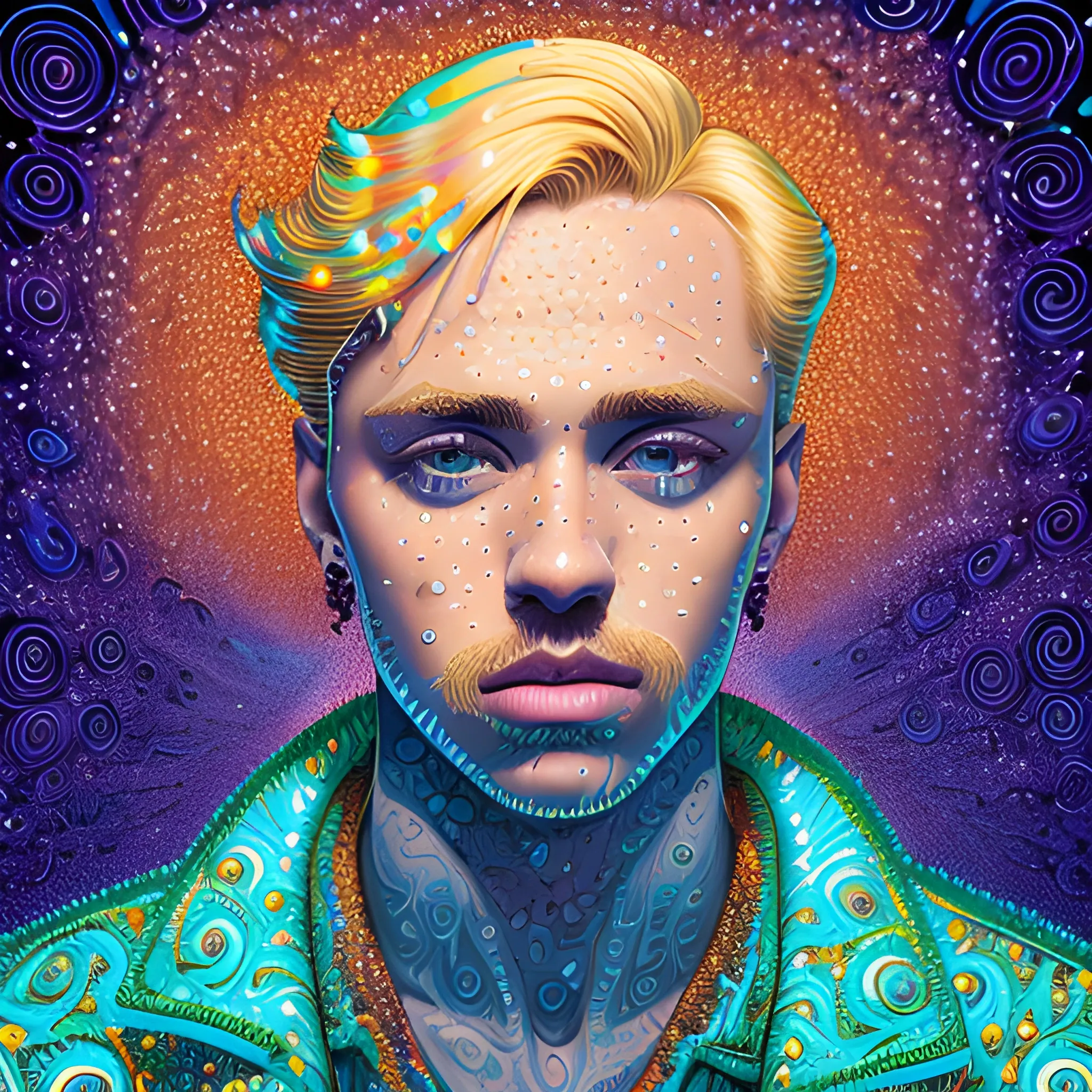 Estonian rapper Tommy Cash, his highly detailed handsome face, meticulously detailed blond hair; by James R. Eads, Fausto-Giurescu, Tania Rivilis, Dan Mumford; luminous colorful sparkles, glitter, airbrush, depth of field, volumetric lighting