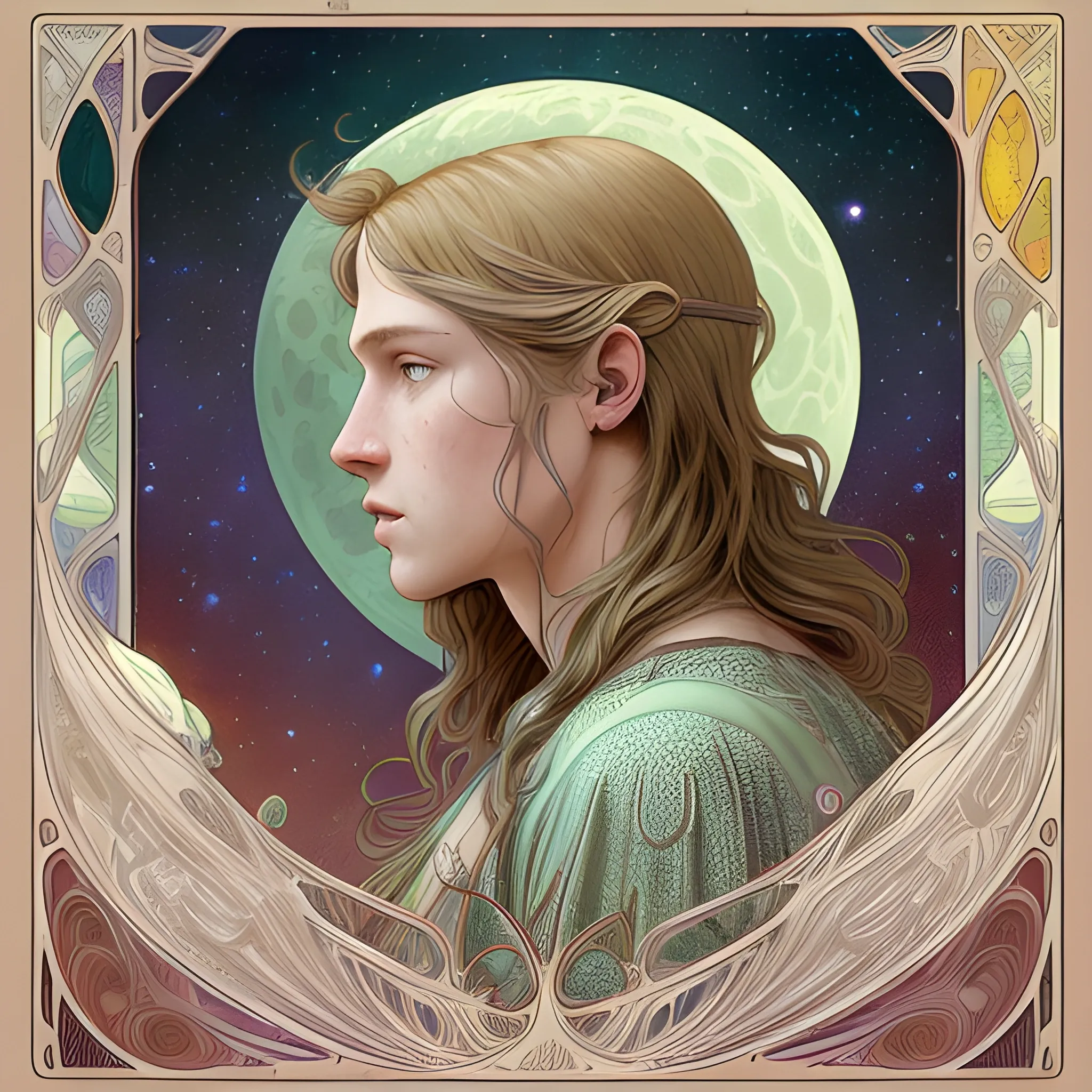 Brad Renfro, his highly detailed, softly freckled handsome face, his clean, clear grey-green eyes, meticulously detailed, multi-hued,blond-brown hair; hippie, full moon in a nebula sky, clouds; fantasy, Vintage Art, 8k resolution art Nouveau poster; Alphonse Mucha, Artgerm, WLOP, Illustration intricately detailed, trending on Artstation, Renaissance, triadic colors, Chromolithography Soft Shading