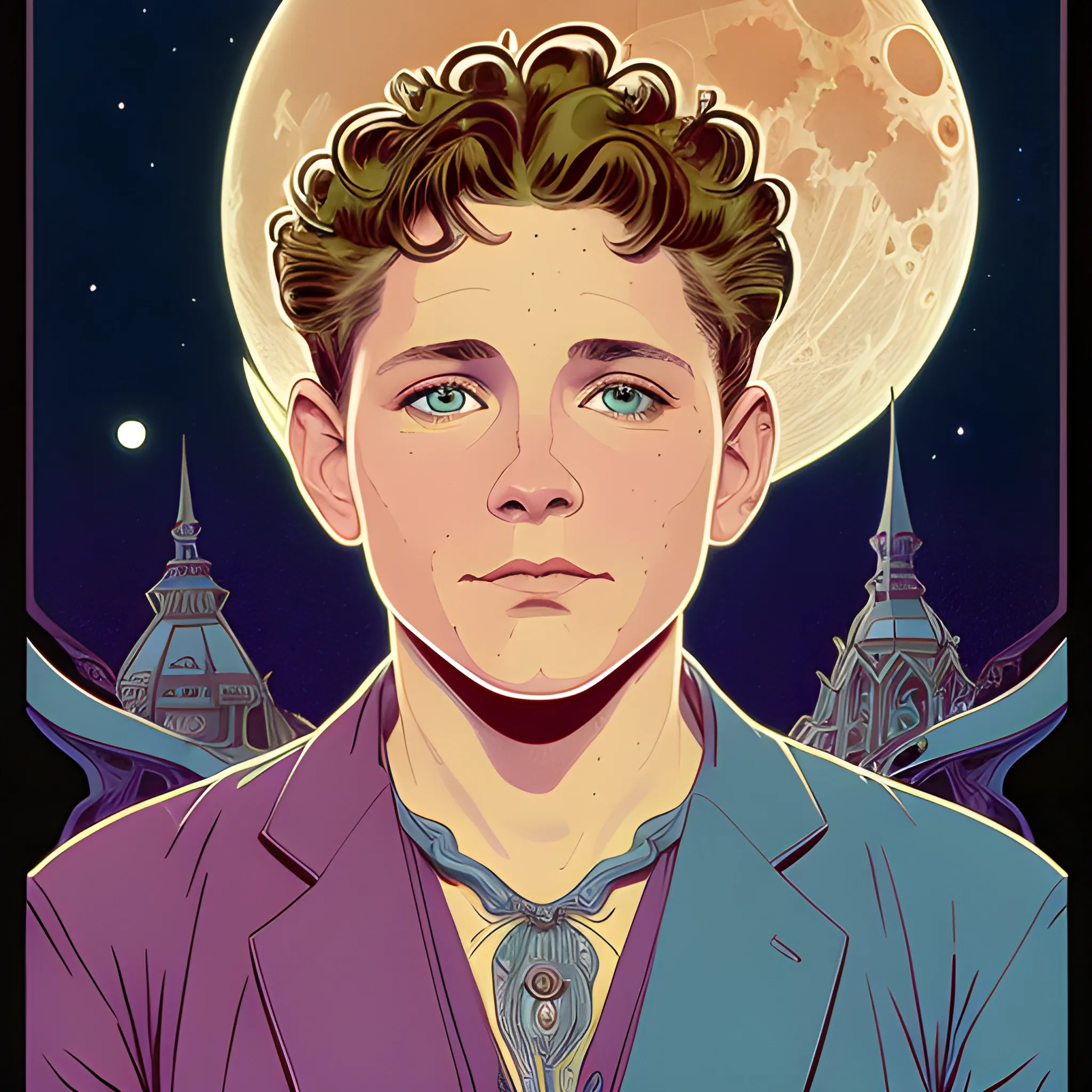 Corey Haim, his highly detailed, softly freckled handsome face, his clean, clear blue eyes, meticulously detailed, multi-hued, short curly blond-brown hair; full moon in a nebula sky, clouds; fantasy, Vintage Art, 8k resolution art Nouveau poster; Alphonse Mucha, Illustration intricately detailed, trending on Artstation, Renaissance, triadic colors, Chromolithography Soft Shading