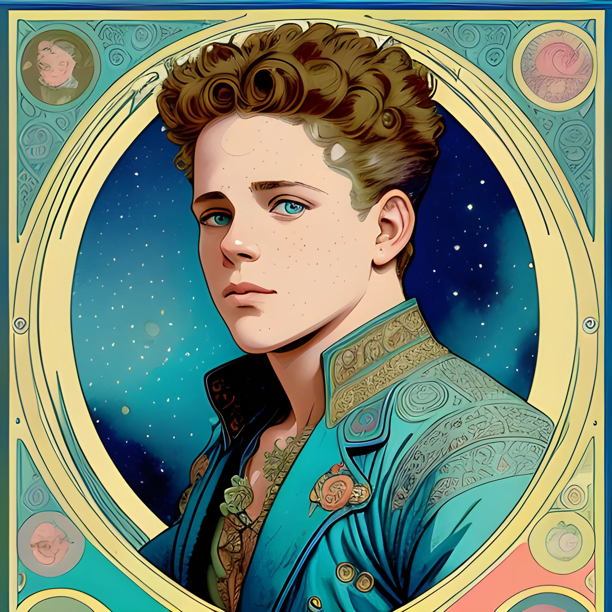 Corey Haim, his highly detailed, softly freckled handsome face, his clean, clear blue eyes, meticulously detailed, multi-hued, short curly blond-brown hair; full moon in a nebula sky, clouds; fantasy, Vintage Art, 8k resolution art Nouveau poster; Alphonse Mucha, Illustration intricately detailed, trending on Artstation, Renaissance, triadic colors, Chromolithography Soft Shading