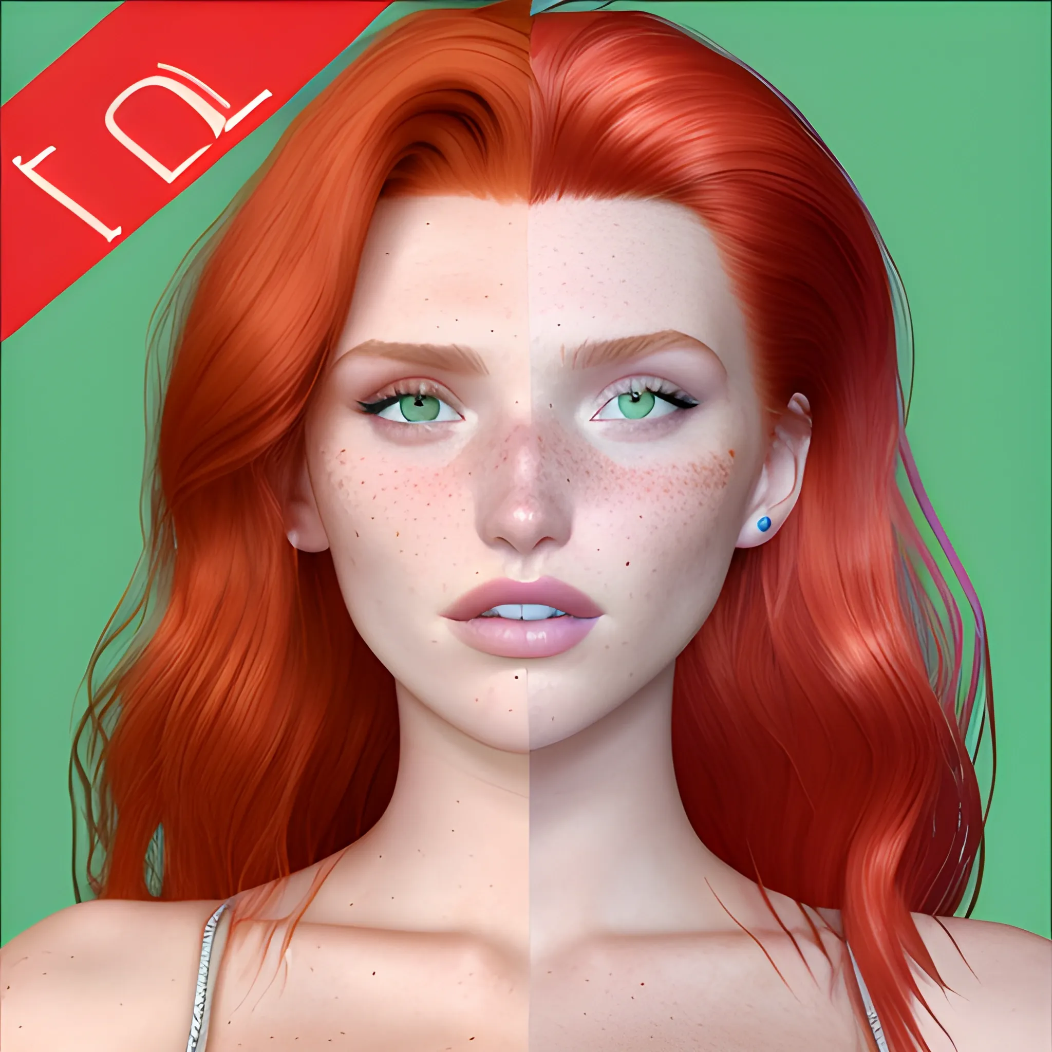 Bella Thorne / Elsa Hosk face morph, 3D, red hair, green eyes, freckles, 90's mall background