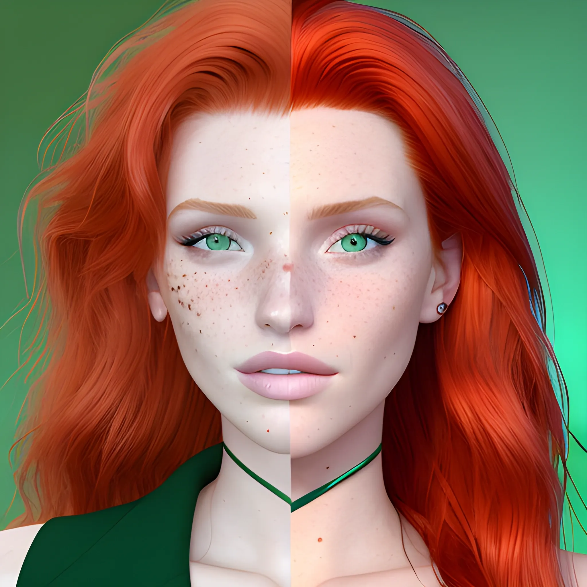 Bella Thorne / Elsa Hosk face morph, 3D, red hair, green eyes, freckles, 90's mall background